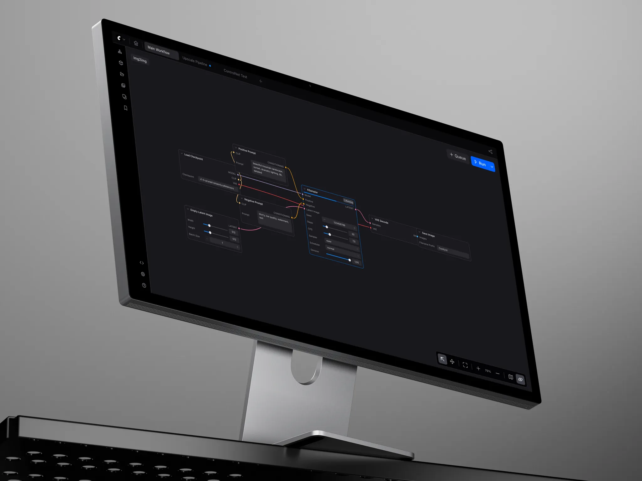ComfyUI node canvas on a studio display: the workflow behind the chat