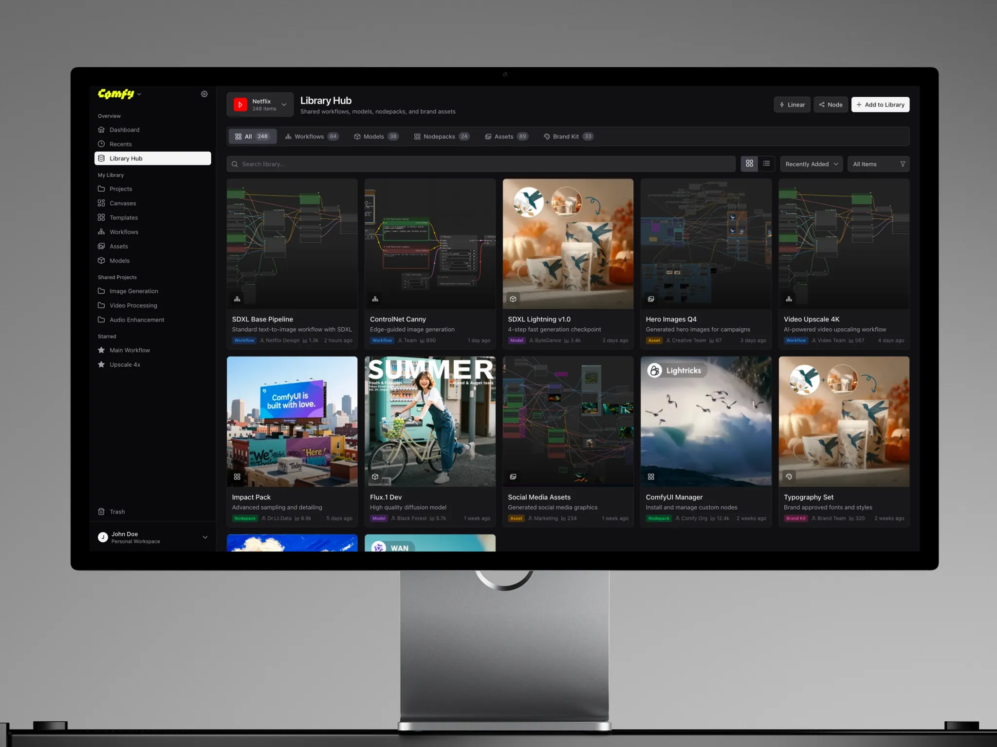 ComfyUI Library Hub on a studio display: a shared team library of workflows, models, nodepacks, assets and brand kits