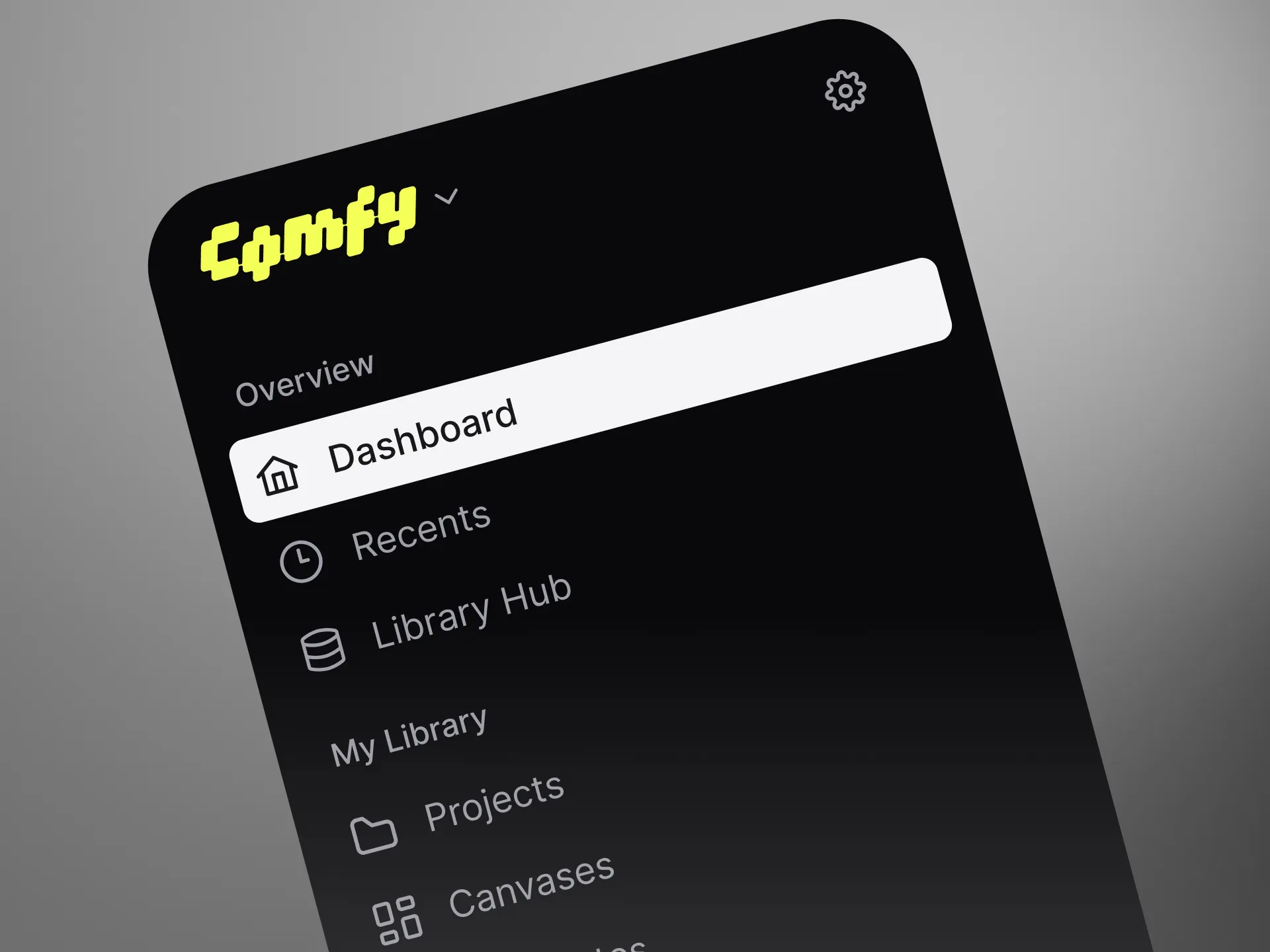 ComfyUI sidebar close-up: Dashboard, Recents, Library Hub, Projects and Canvases