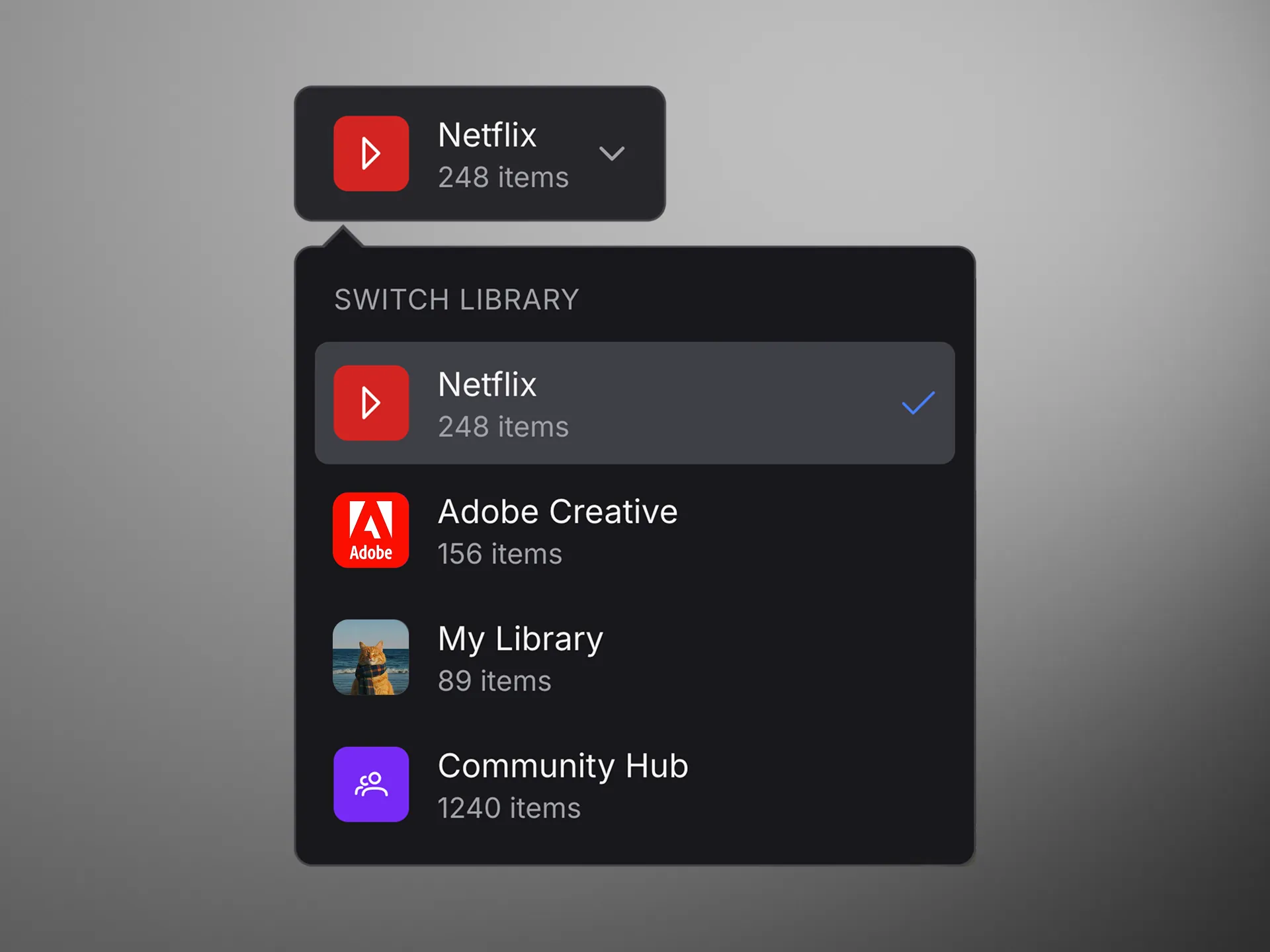Library switcher: team libraries, a personal library and the community hub, each with an item count
