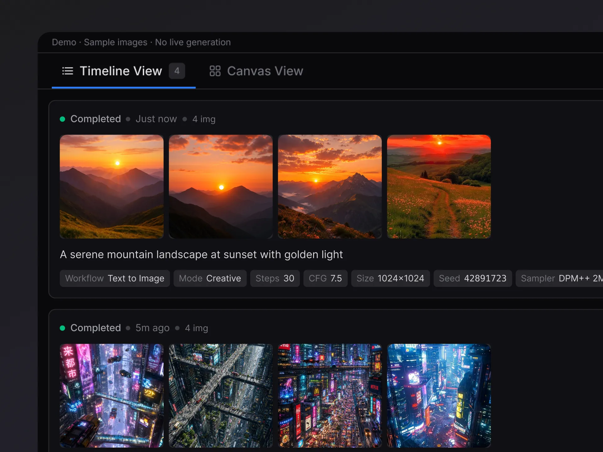 ComfyUI timeline view: completed generations of four images with their prompt and parameters as chips