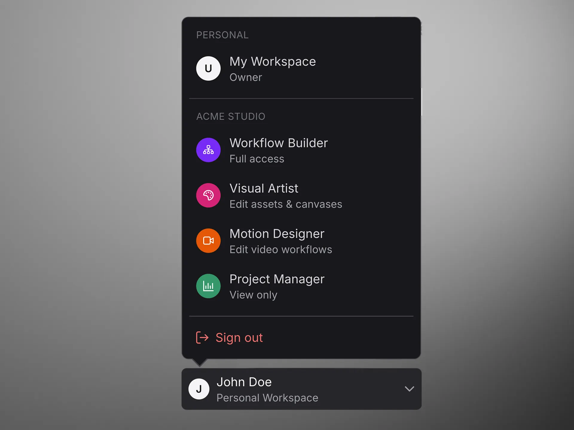 Workspace switcher: a personal workspace and a studio workspace with four roles and their access levels