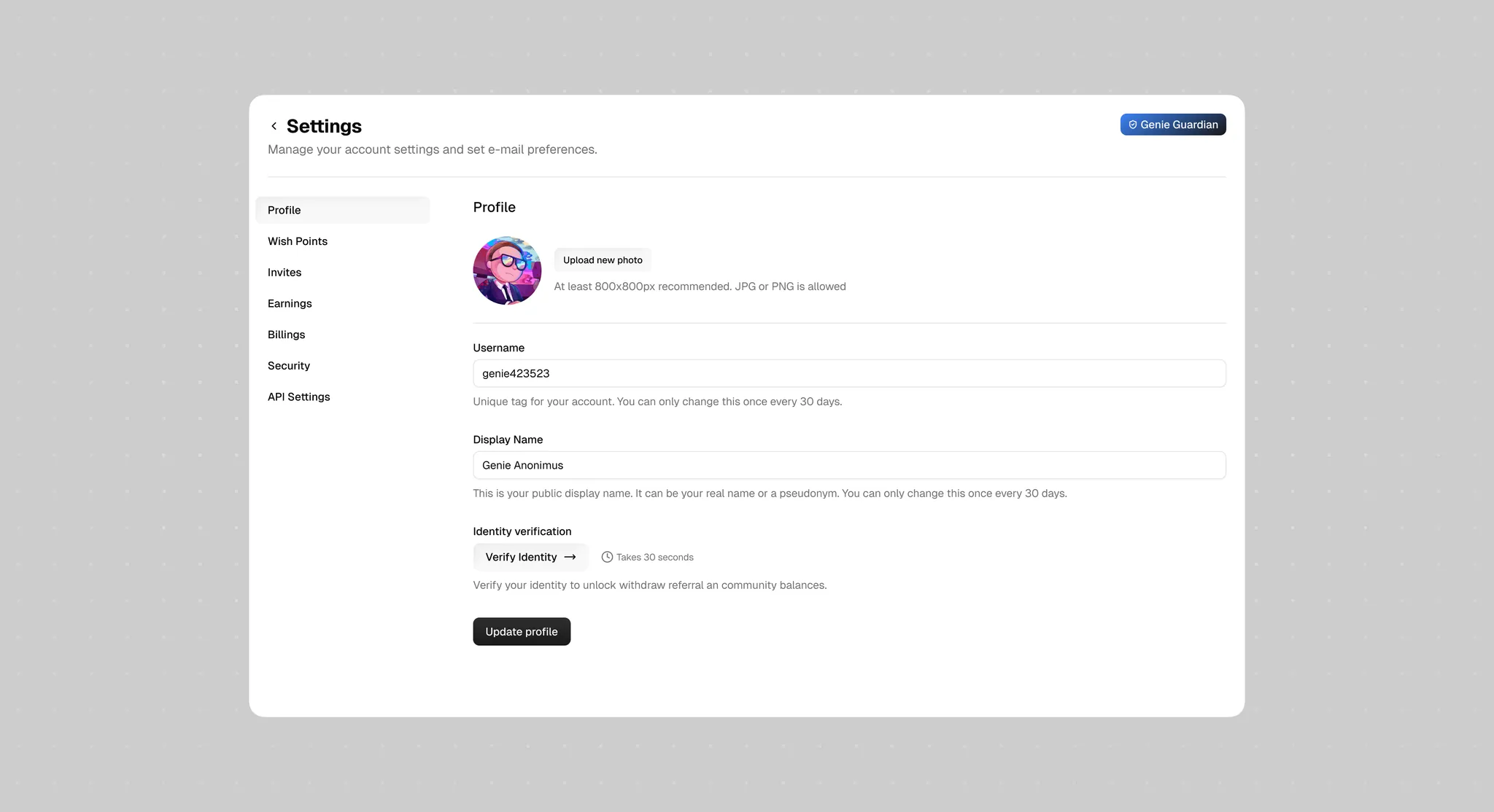 Settings, Profile: username, display name and identity verification