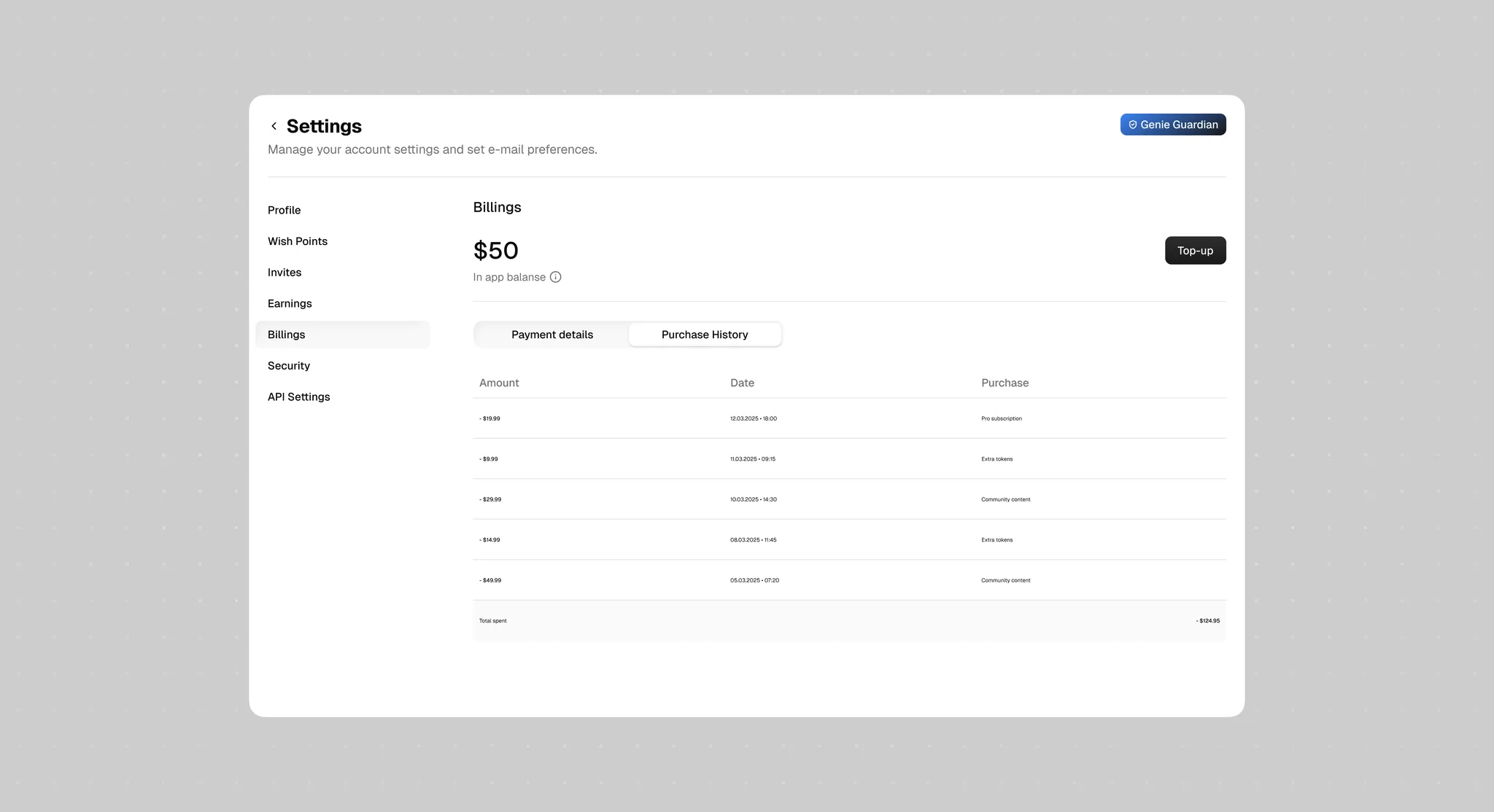 Settings, Billing: the in-app balance, a top-up button and the purchase history