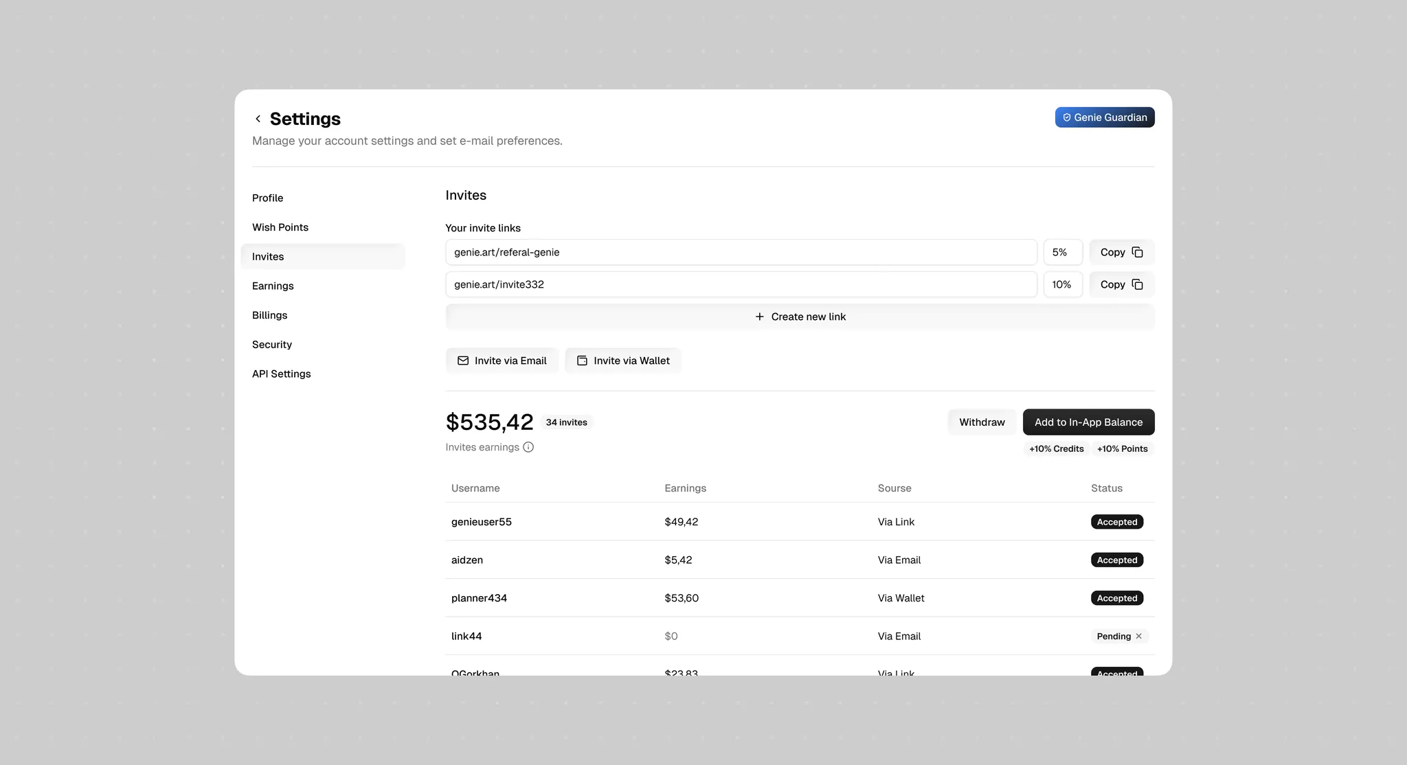Settings, Invites: referral links with their percentage, invite earnings, and the option to withdraw or add them to the balance