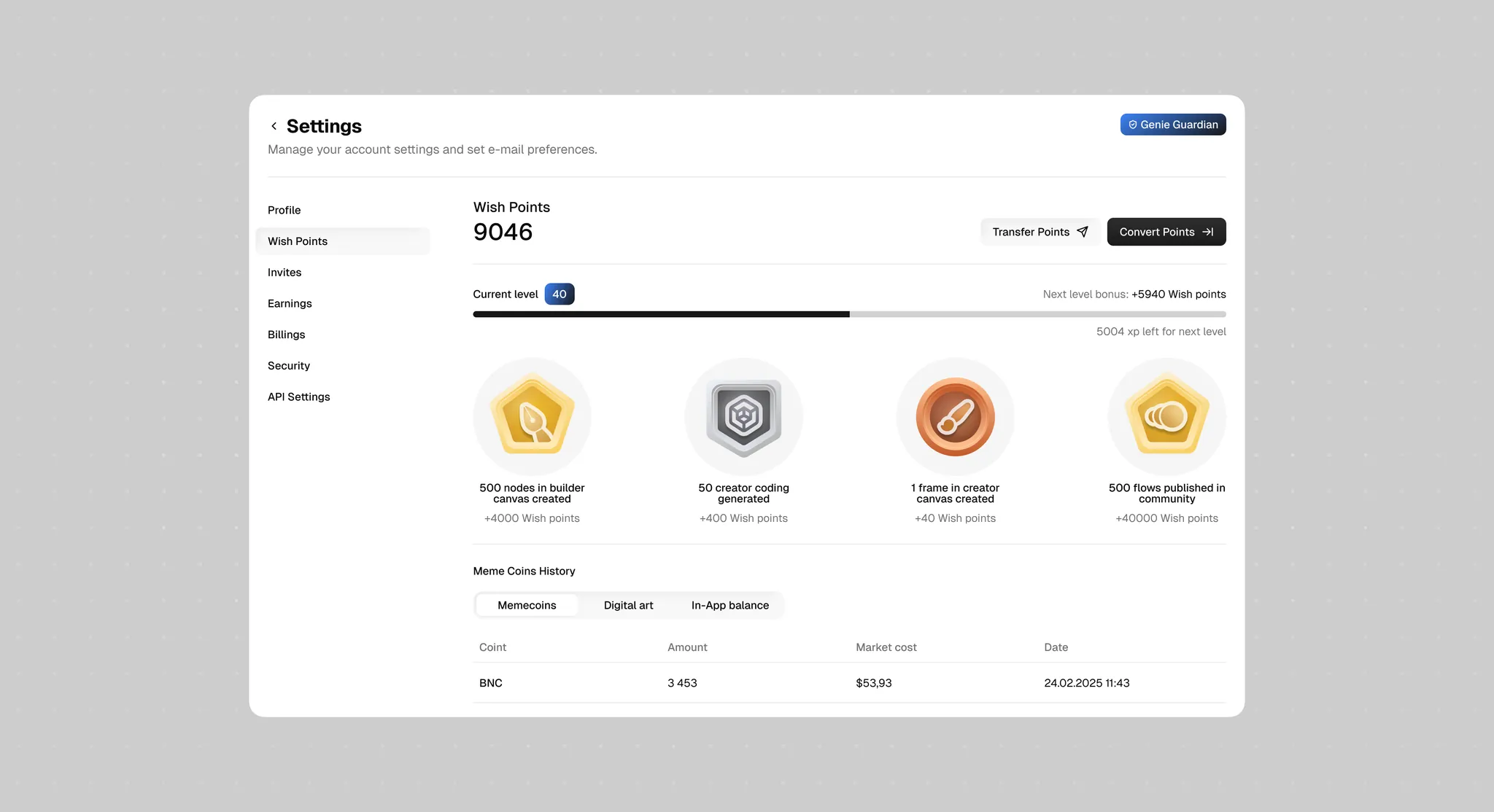 Settings, Wish Points: a balance of 9046 points, the level 40 progress bar with the next level bonus, four achievement badges with their point rewards, and a meme coins history table