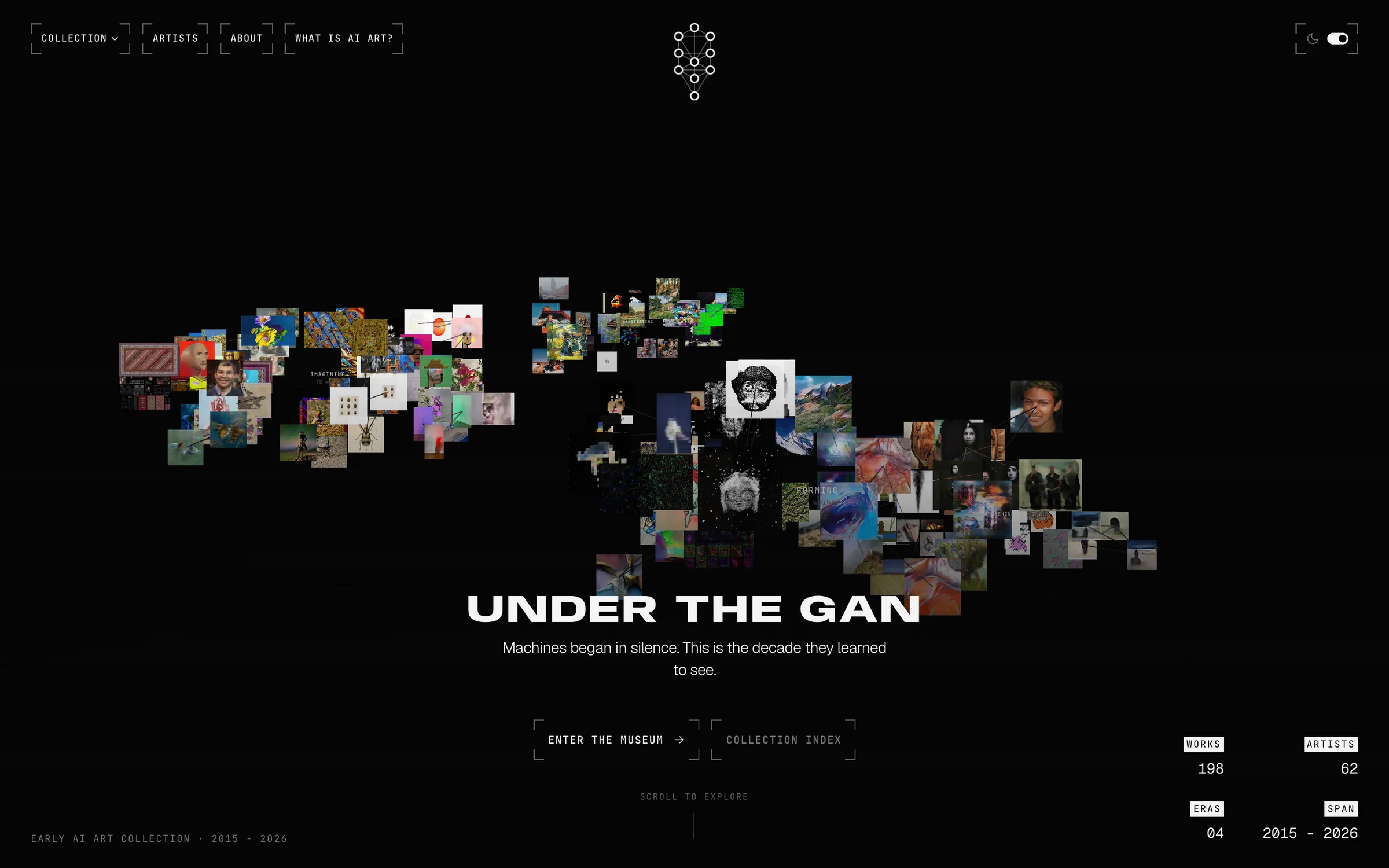 Under the GAN landing page: the collection scattered as a cloud of works behind the wordmark, with the line Machines began in silence. This is the decade they learned to see.