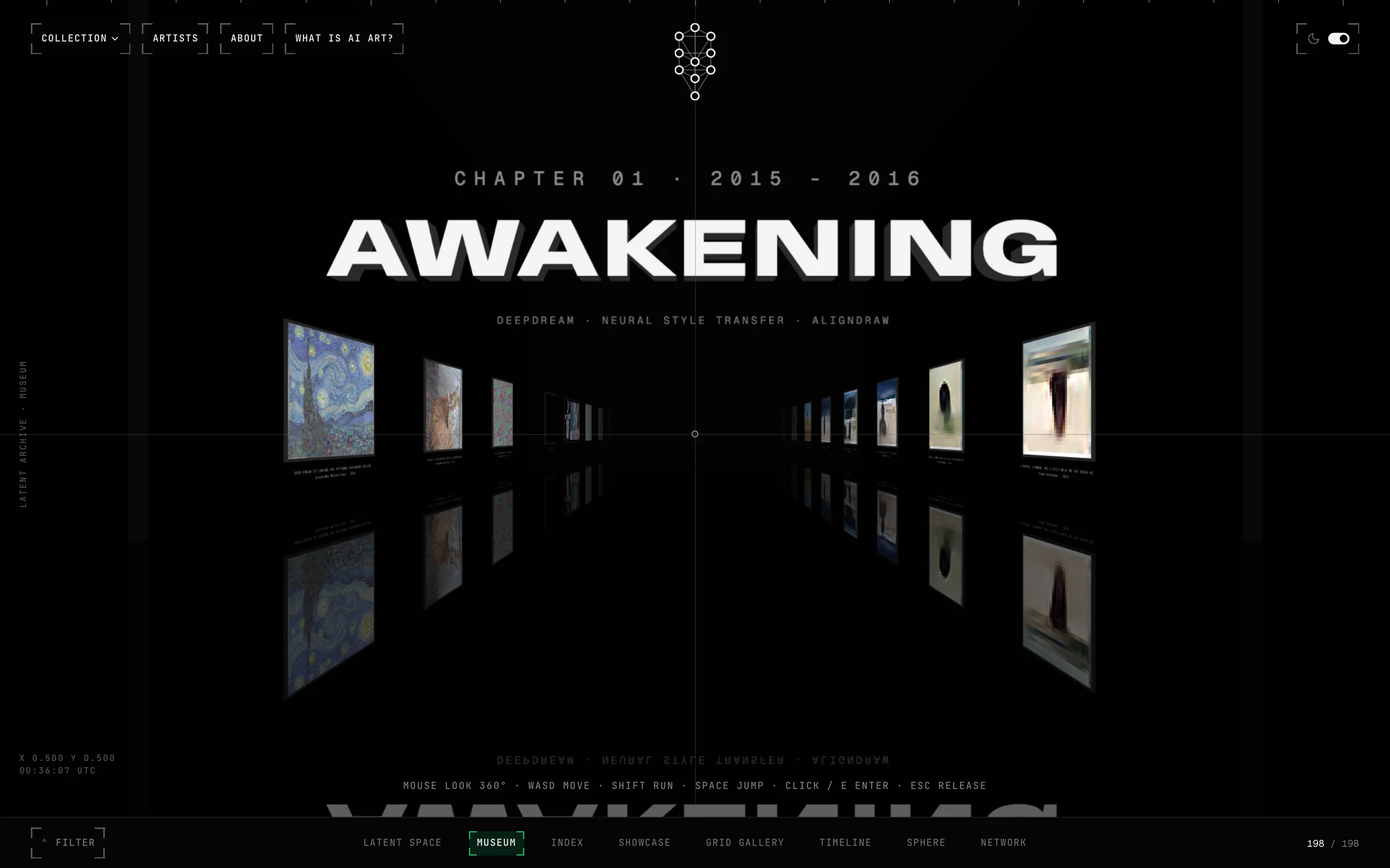 The Museum view: a first-person three.js gallery, Chapter 01 Awakening 2015 to 2016, works hung on both walls with reflections on the floor