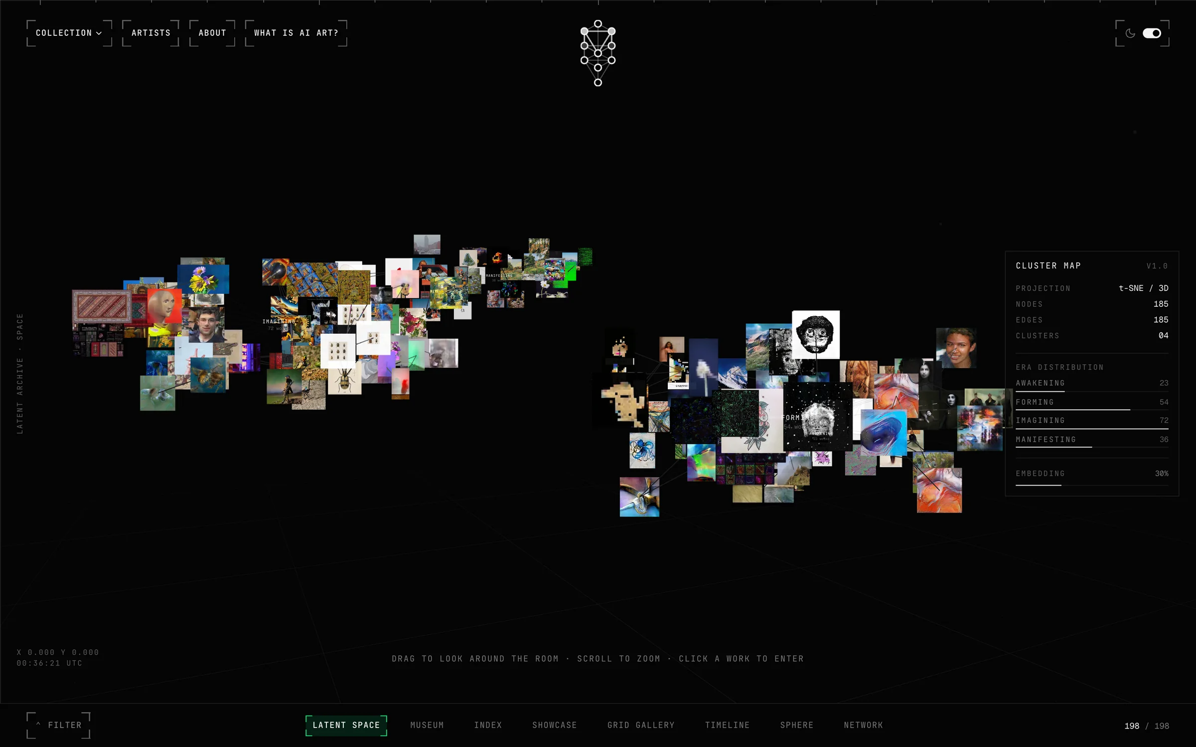 The Latent Space view: the collection as a navigable t-SNE field of works with a cluster map panel showing era distribution