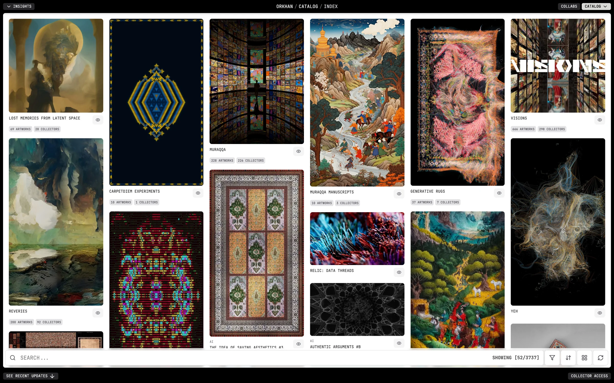 The orkhan.art catalogue index: a masonry grid of series, each tile carrying its own artwork count and collector count