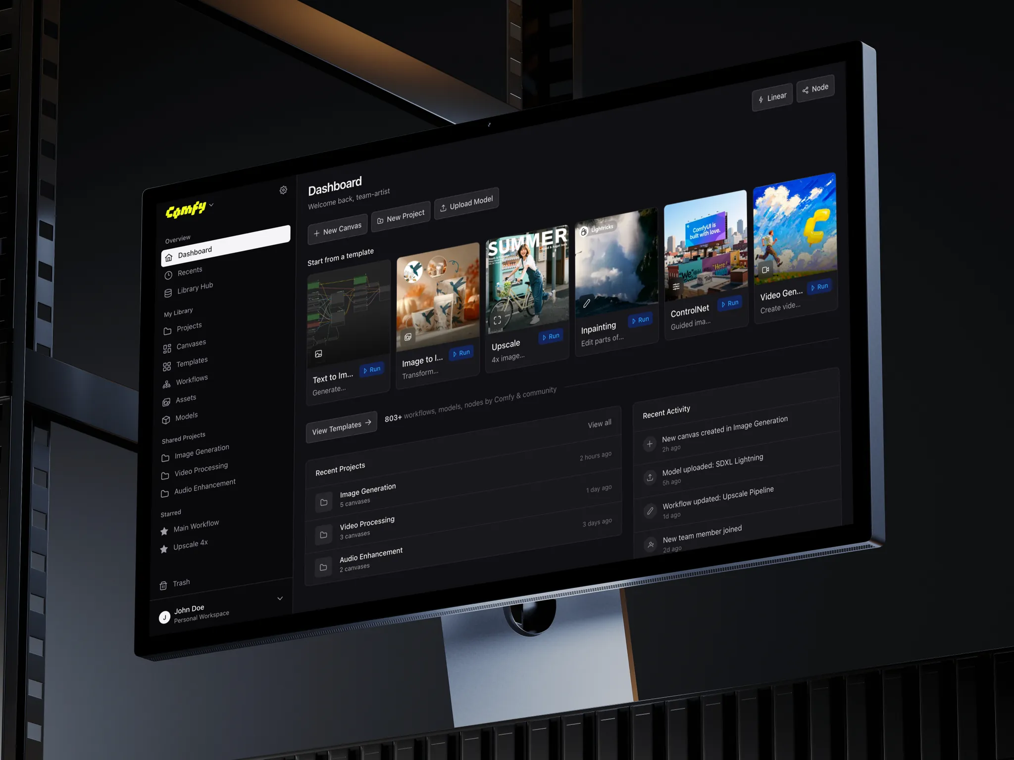 ComfyUI dashboard on a studio display: templates, recent projects and recent team activity