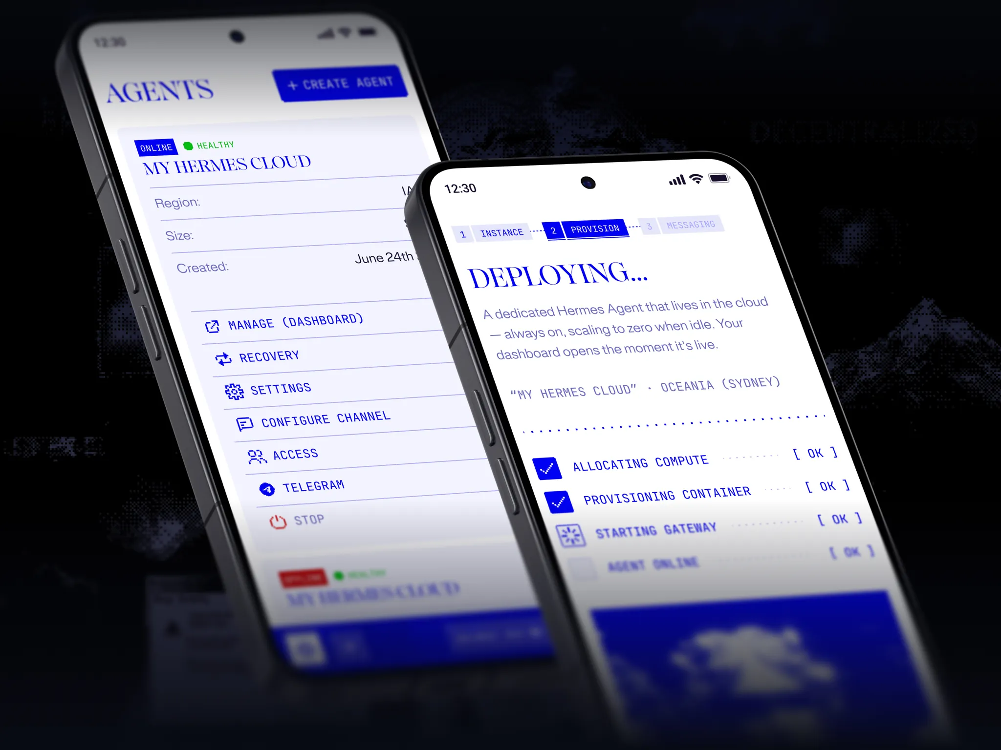 Hermes Cloud on two phones: the Agents list with an online Hermes Cloud instance, and the Deploying screen stepping through compute, container, gateway and agent online