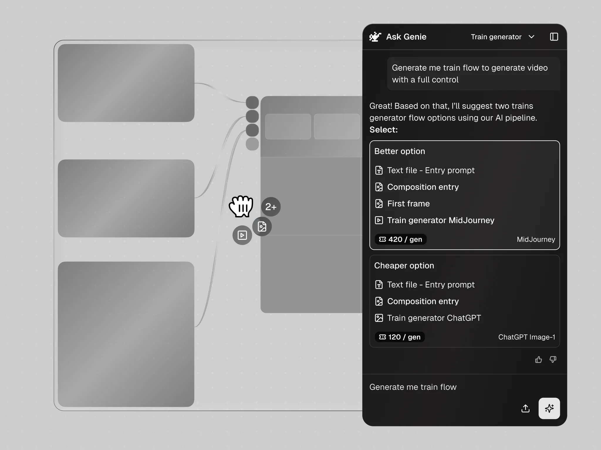 The agent assembling a train-video flow on the canvas as ghost nodes while listing both options and their cost per generation