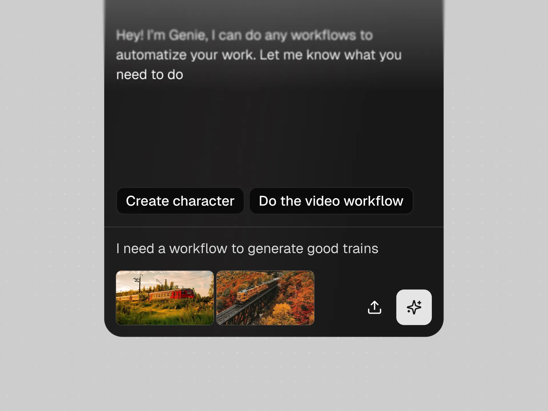 Ask Genie: the agent greets, offers two starting workflows, and receives a brief with two reference images attached