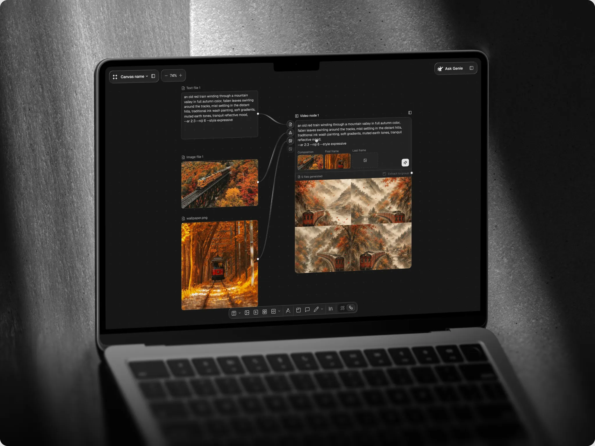 Genie canvas on a laptop: text, image and reference nodes wired into a video node that has produced four frames