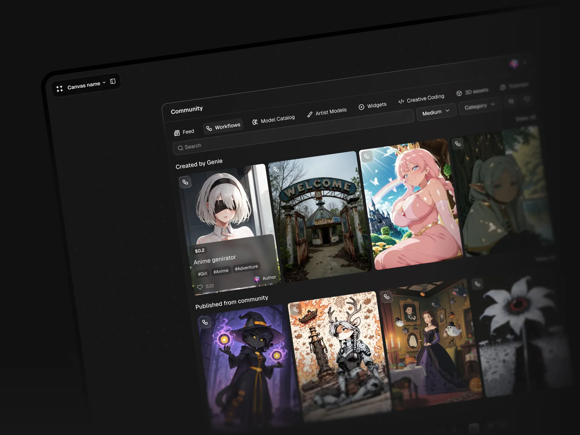 The Community panel: workflows, model catalog, artist models, widgets, creative coding and 3D assets, created by Genie or published by users