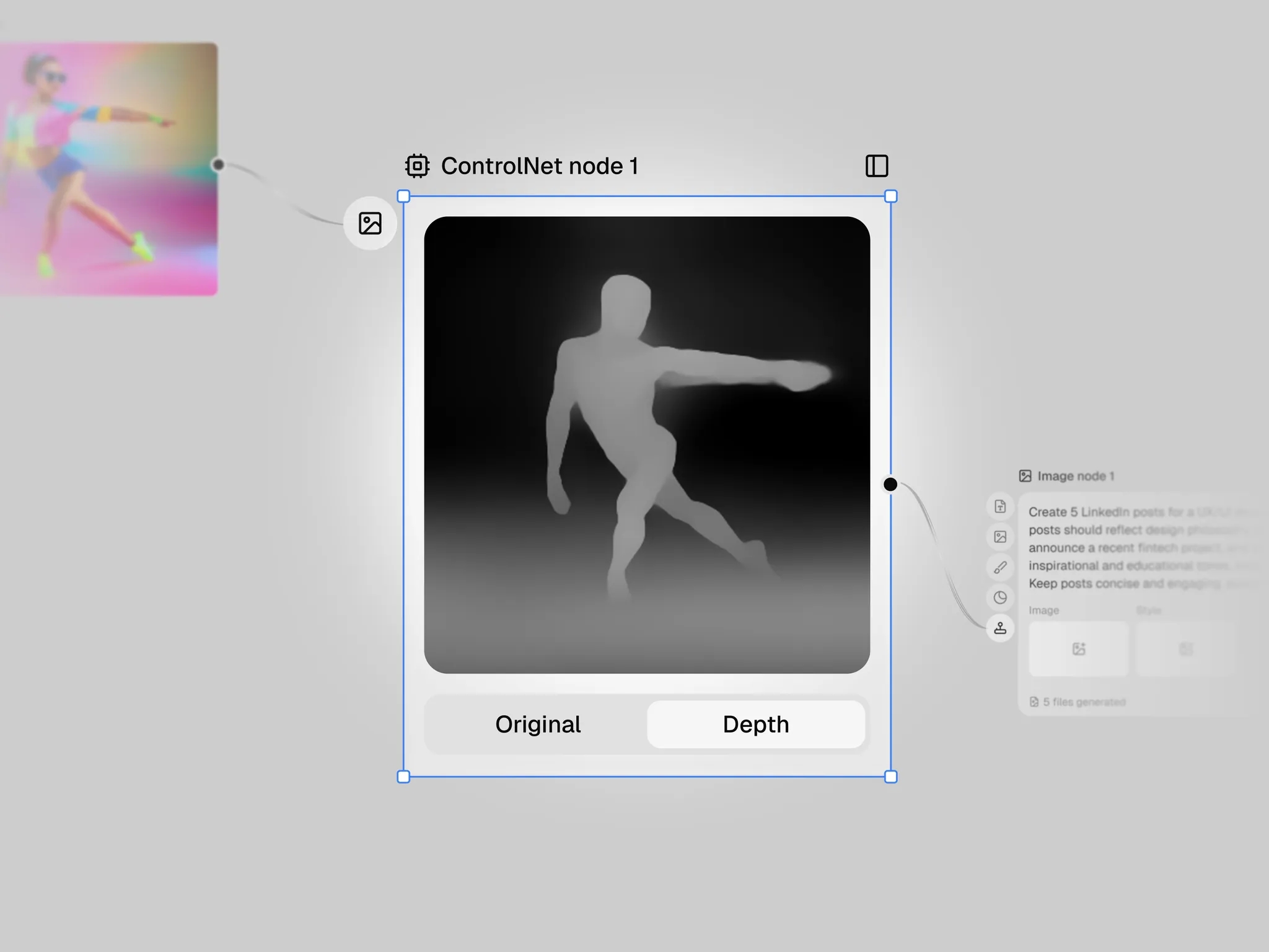 A ControlNet node with the reference image on one side and its depth map on the other, toggled by Original / Depth