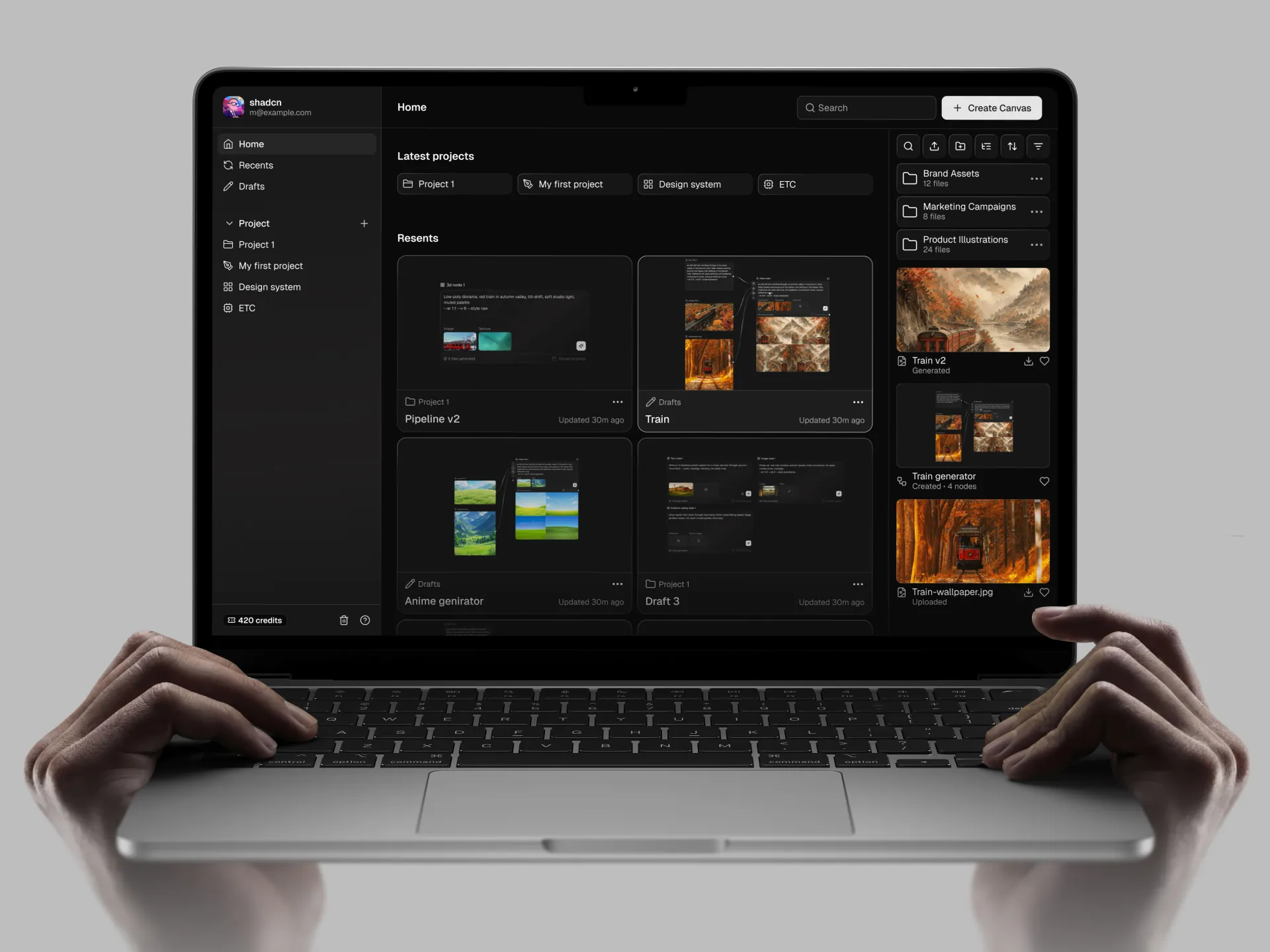Genie home with the asset library open: folders of brand assets and campaigns, plus generated, created and uploaded files