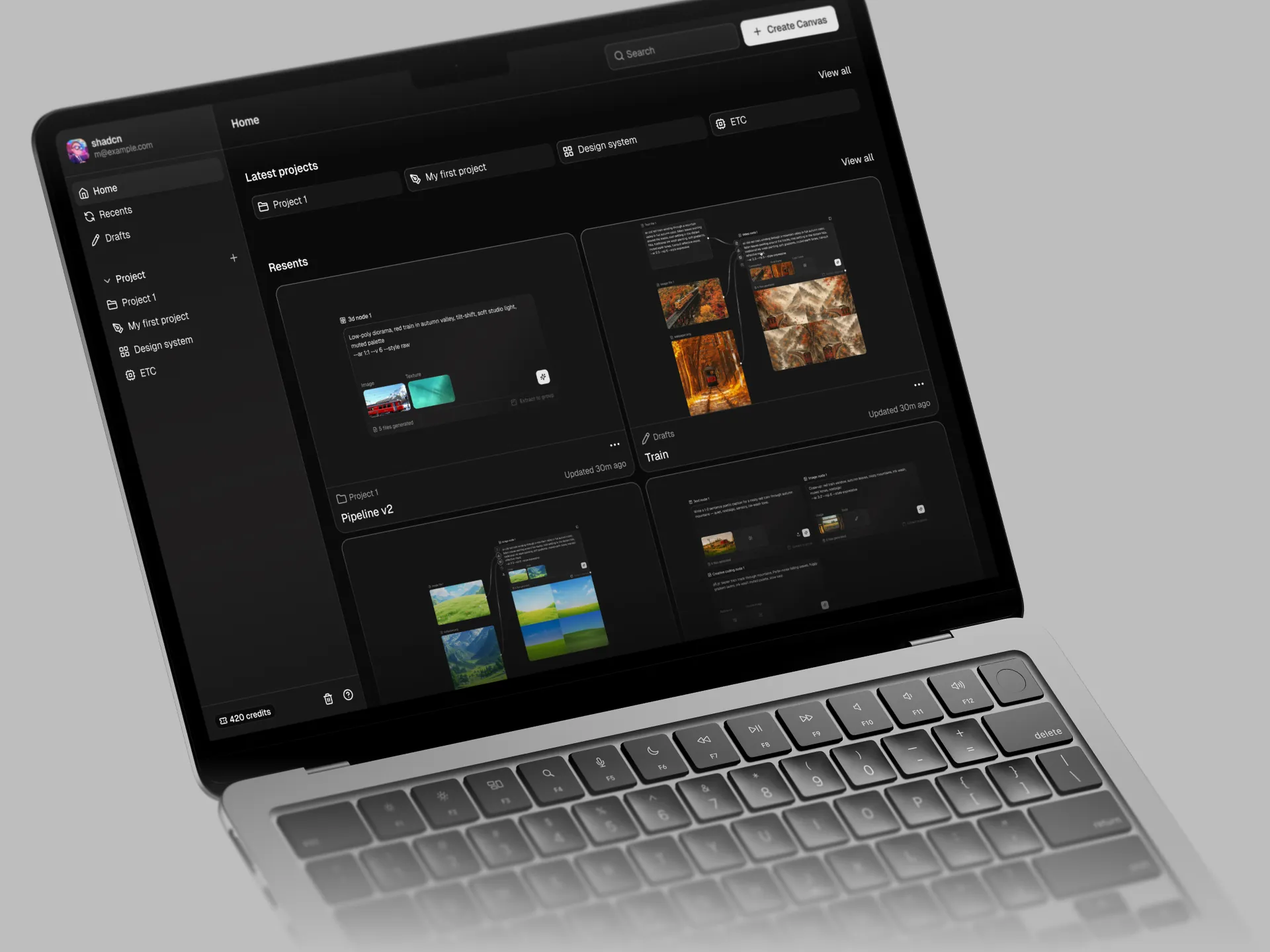 Genie home on a laptop: latest projects, recent canvases with previews, drafts, and the credit balance