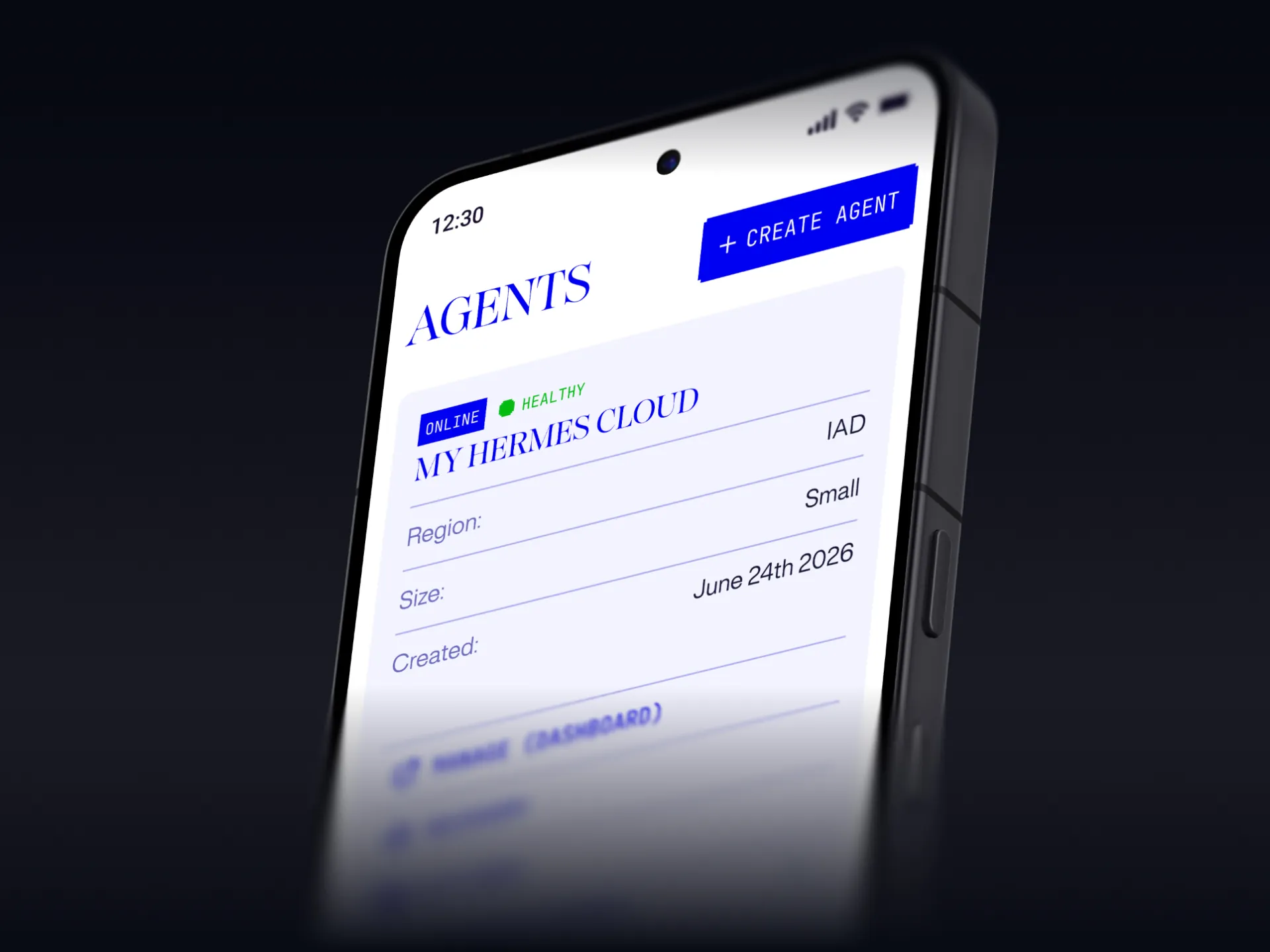 The Agents list on a phone: My Hermes Cloud, online and healthy, region IAD, size Small
