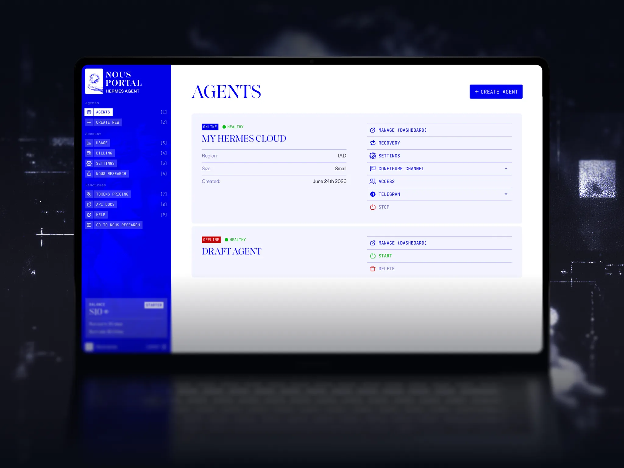Agents on a laptop: an online Hermes Cloud instance with its controls, and a draft agent that can be started or deleted