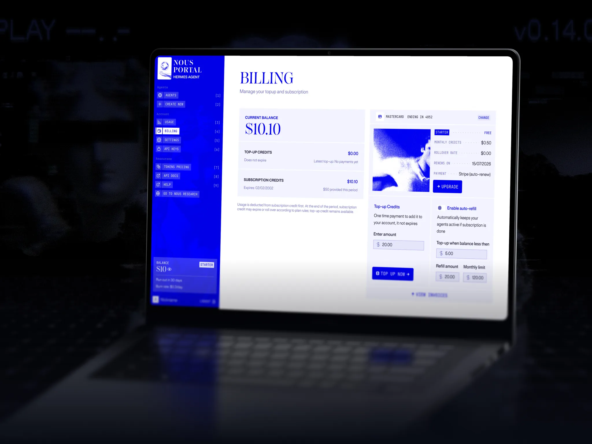 Nous Portal Billing on a laptop: current balance, top-up and subscription credits, plan card and automatic top-up