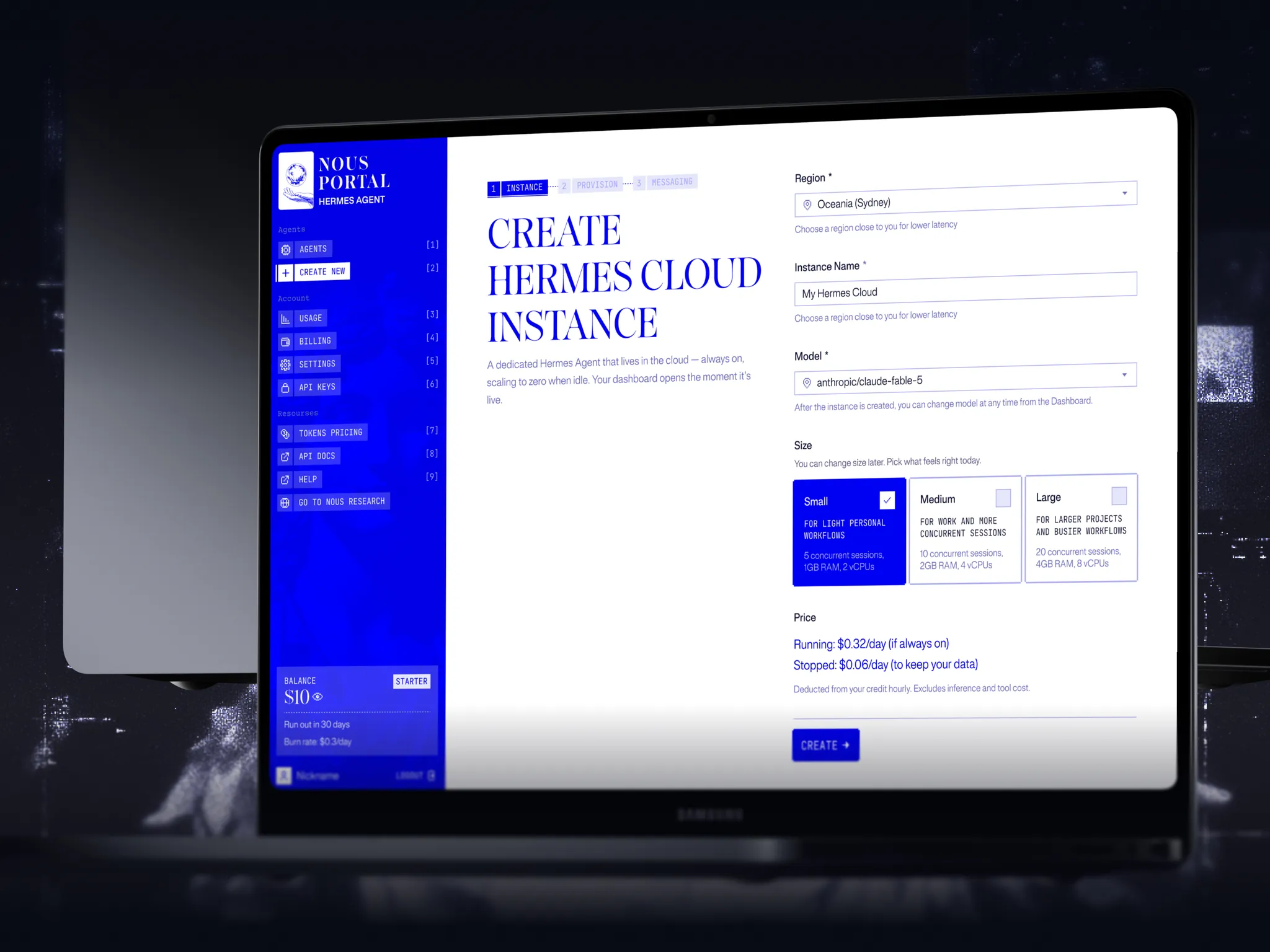 Create Hermes Cloud instance on a laptop: region, name, model, size and the daily price running or stopped