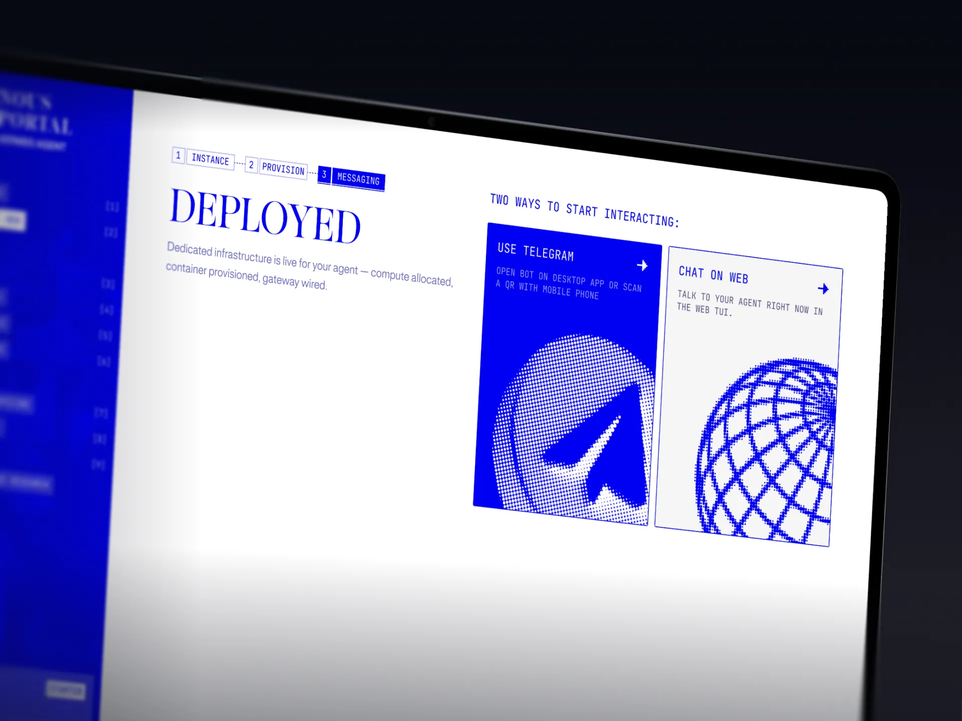 Deployed screen with two ways to start: Telegram or chat on the web