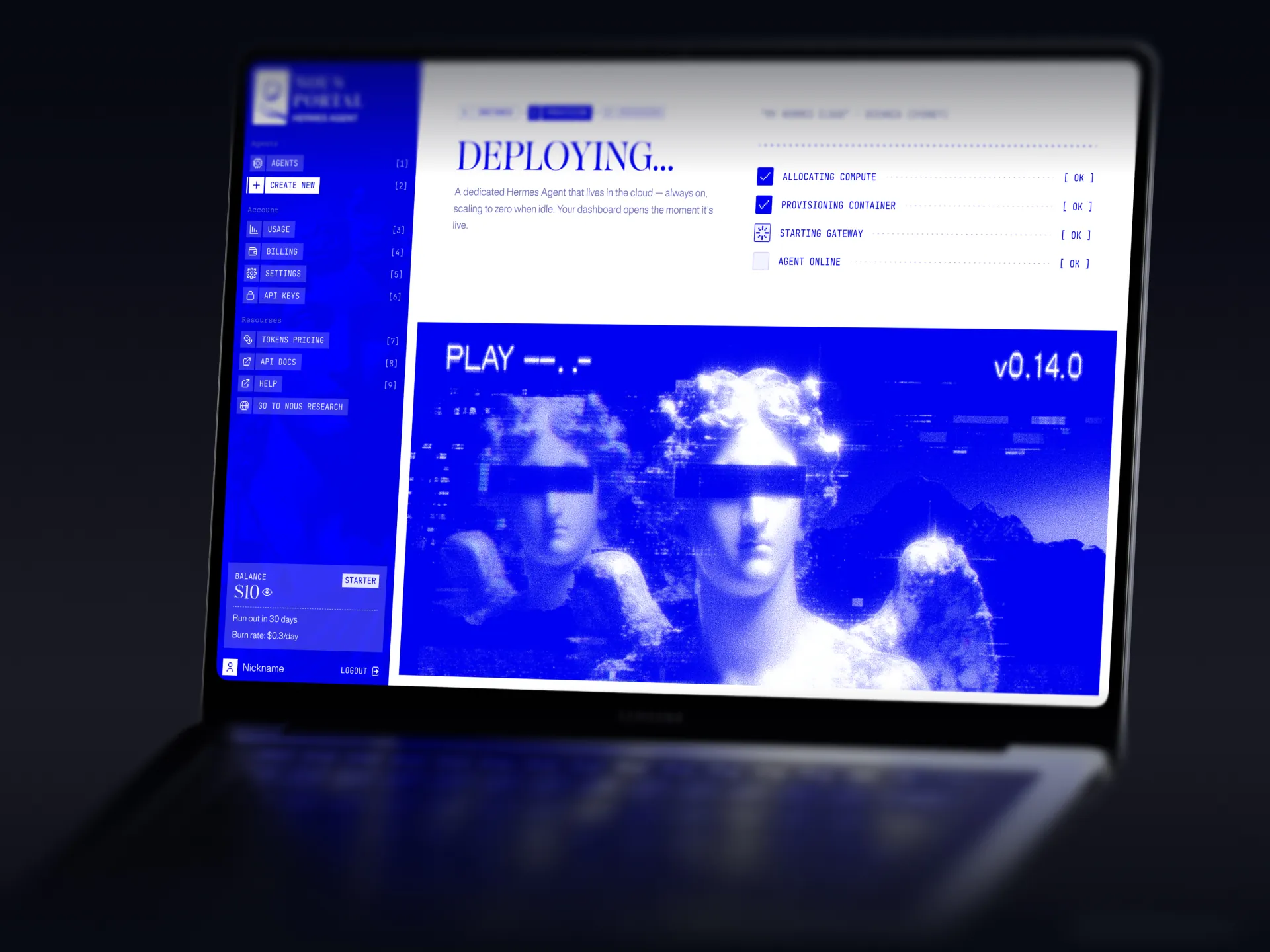 Deploying screen: allocating compute, provisioning the container, starting the gateway, agent online