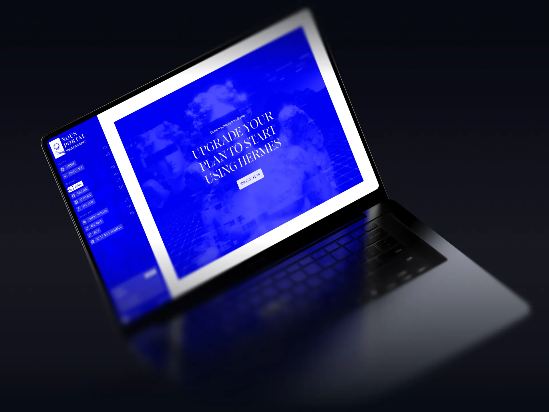 Usage on a laptop before a plan is active: an upgrade prompt to start using Hermes