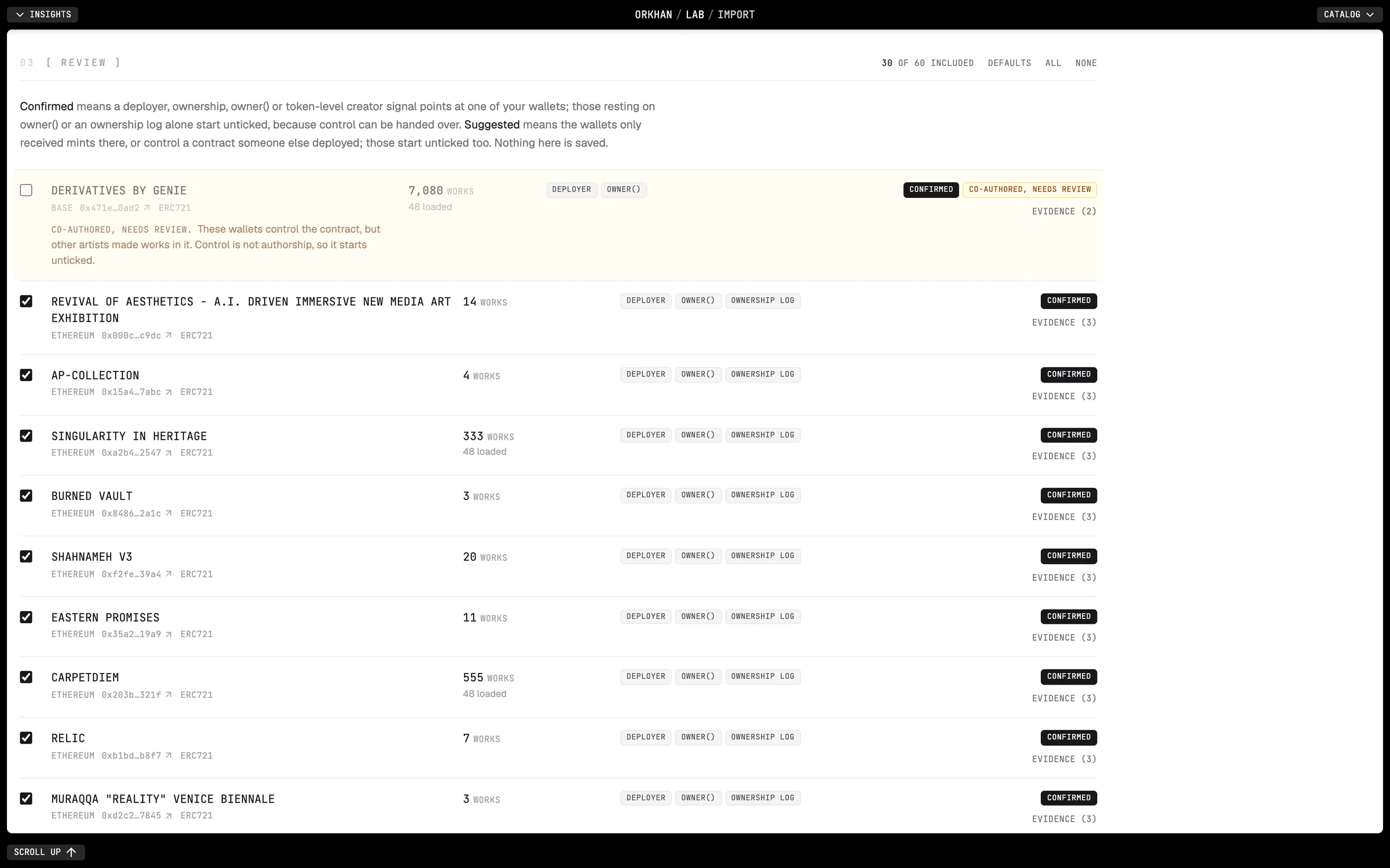 The review step: confirmed and suggested explained in plain language, with a co-authored series flagged, left unticked and waiting for a person