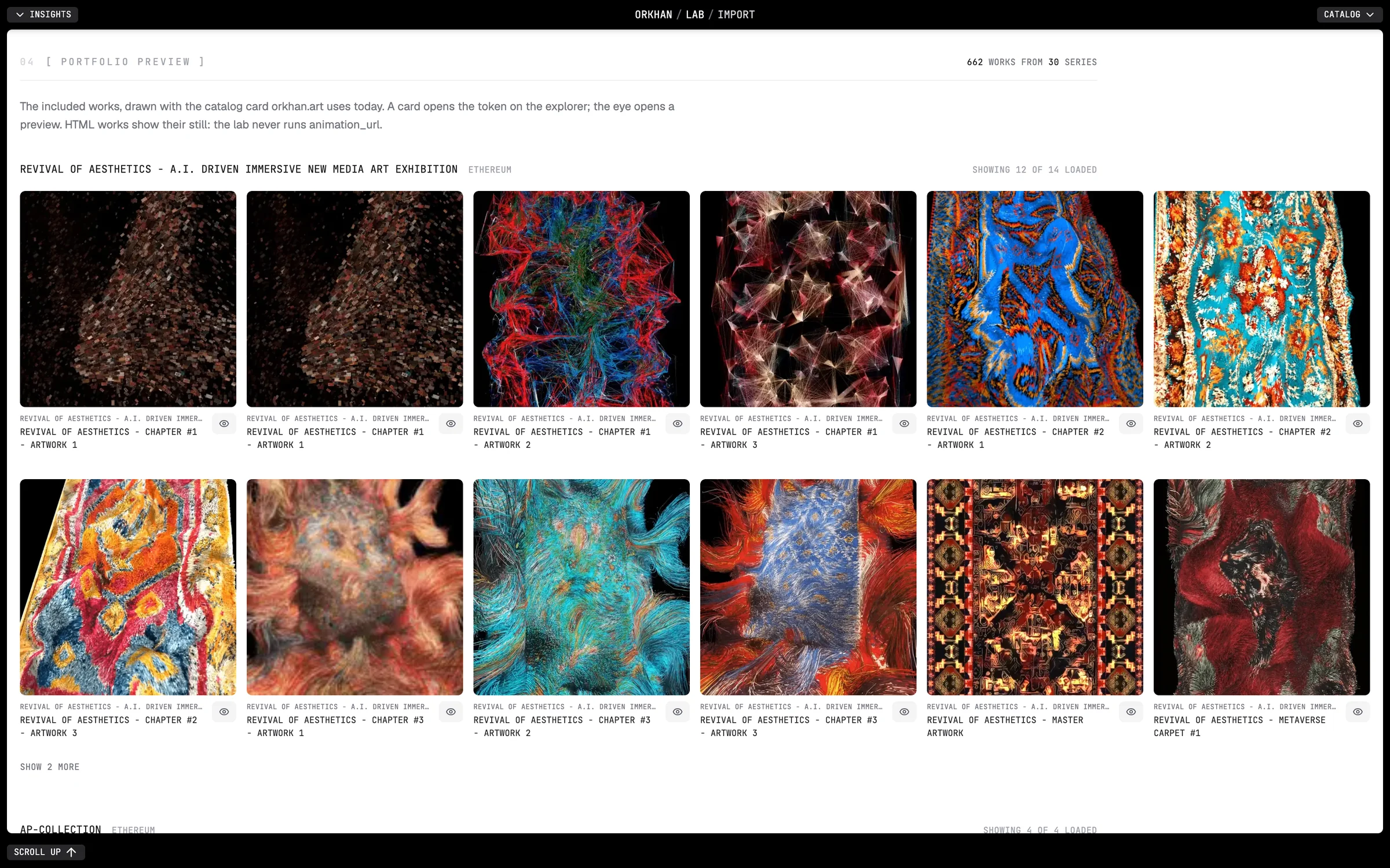 A portfolio preview generated from the ticked series, works loaded straight from their token metadata into a grid