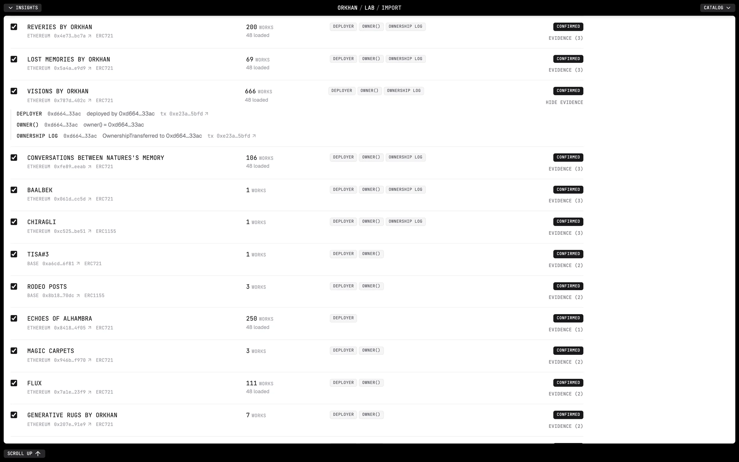 The review list with one series expanded: deployer, owner and ownership log, each with the address it matched and a transaction link