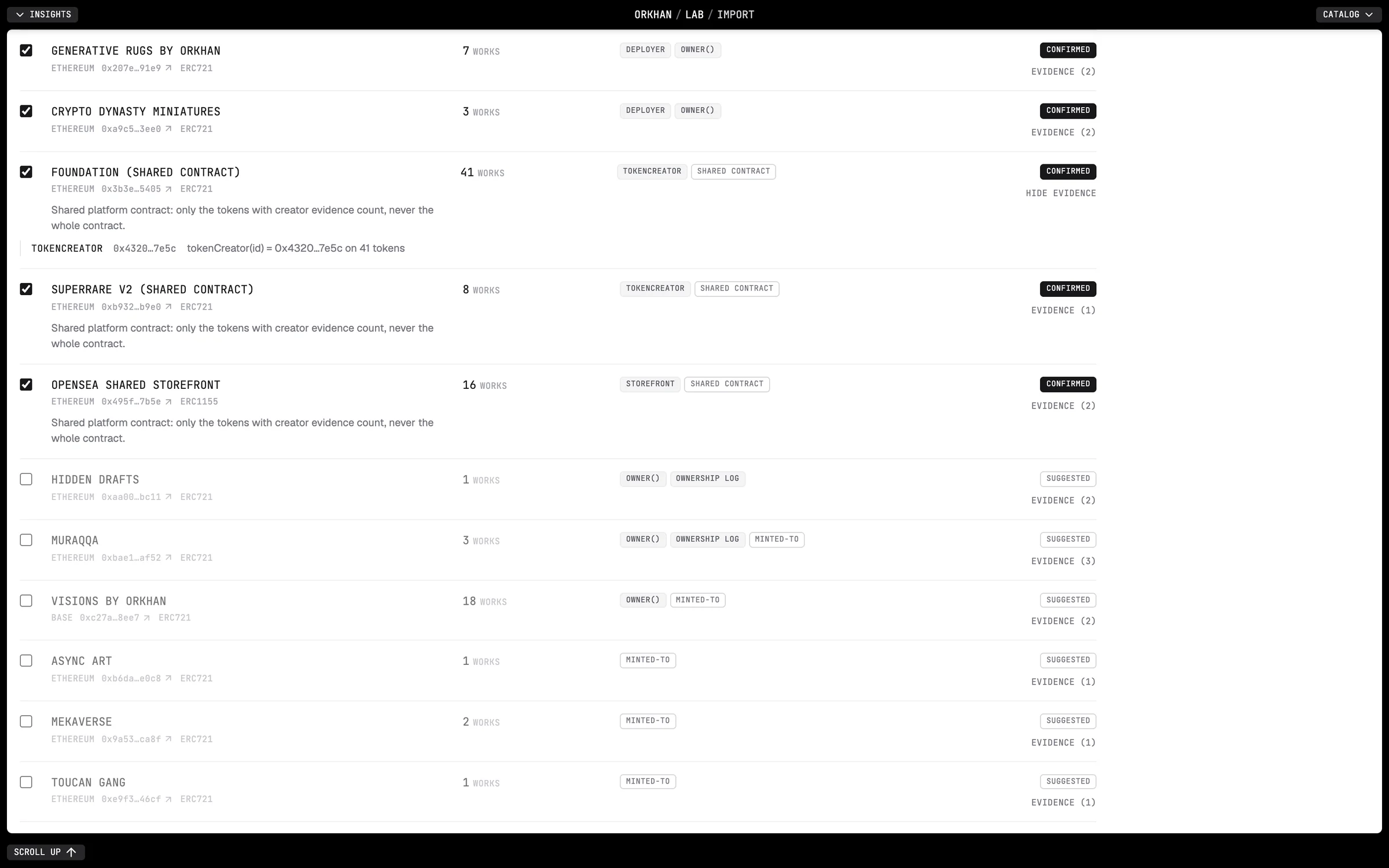Shared contracts resolved token by token on Foundation, SuperRare and OpenSea, and below them a contract on Base carrying the artist name, unticked