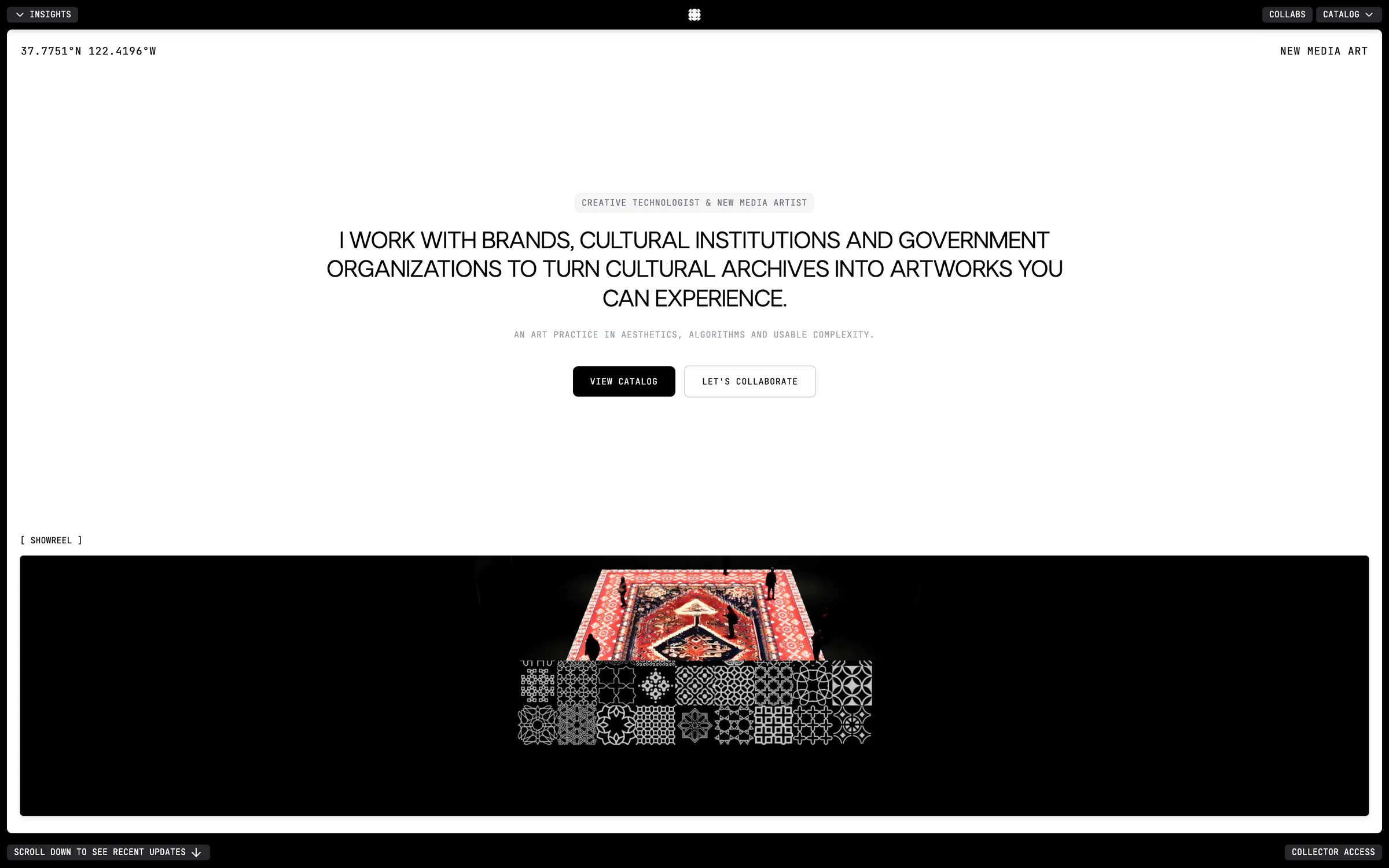 The orkhan.art home page: the positioning statement, a view catalog button and the showreel panel opening below it