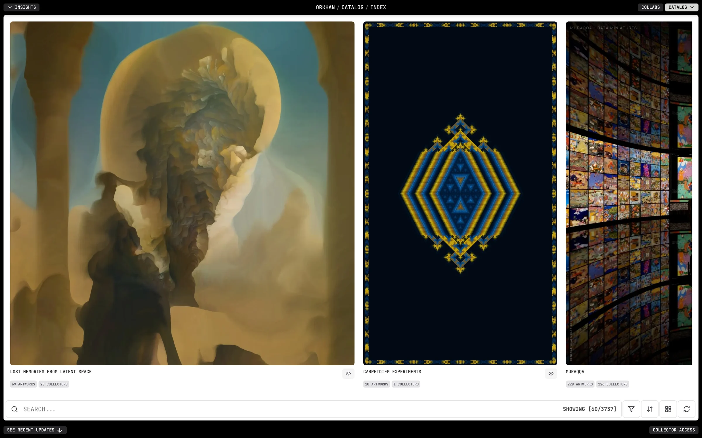 The catalogue in gallery view: three works shown at full height, browsed as images rather than as an index of titles