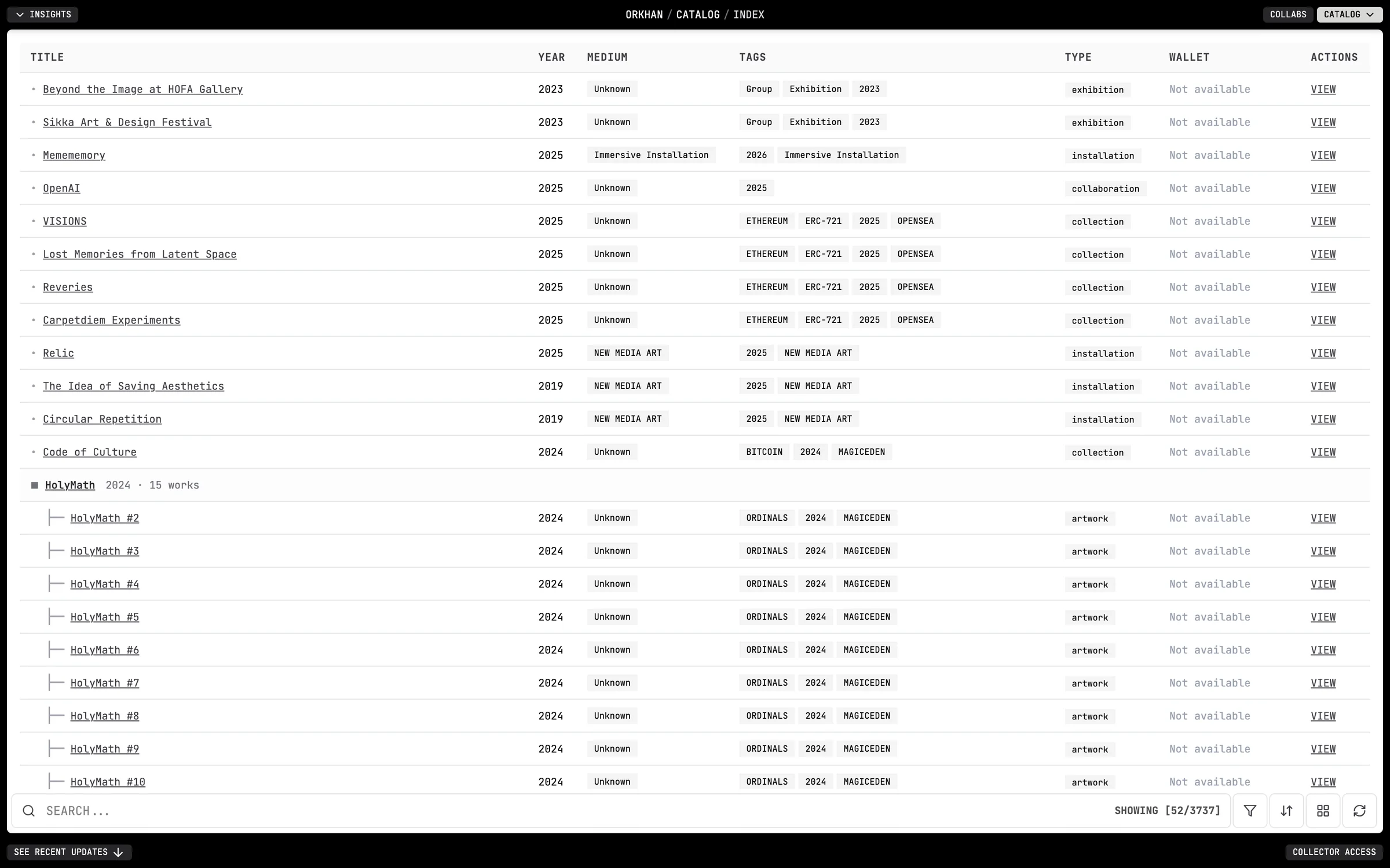 The catalogue in table view: title, year, medium, tags and type columns, with exhibitions, installations and collections in one list and a series expanded into its works