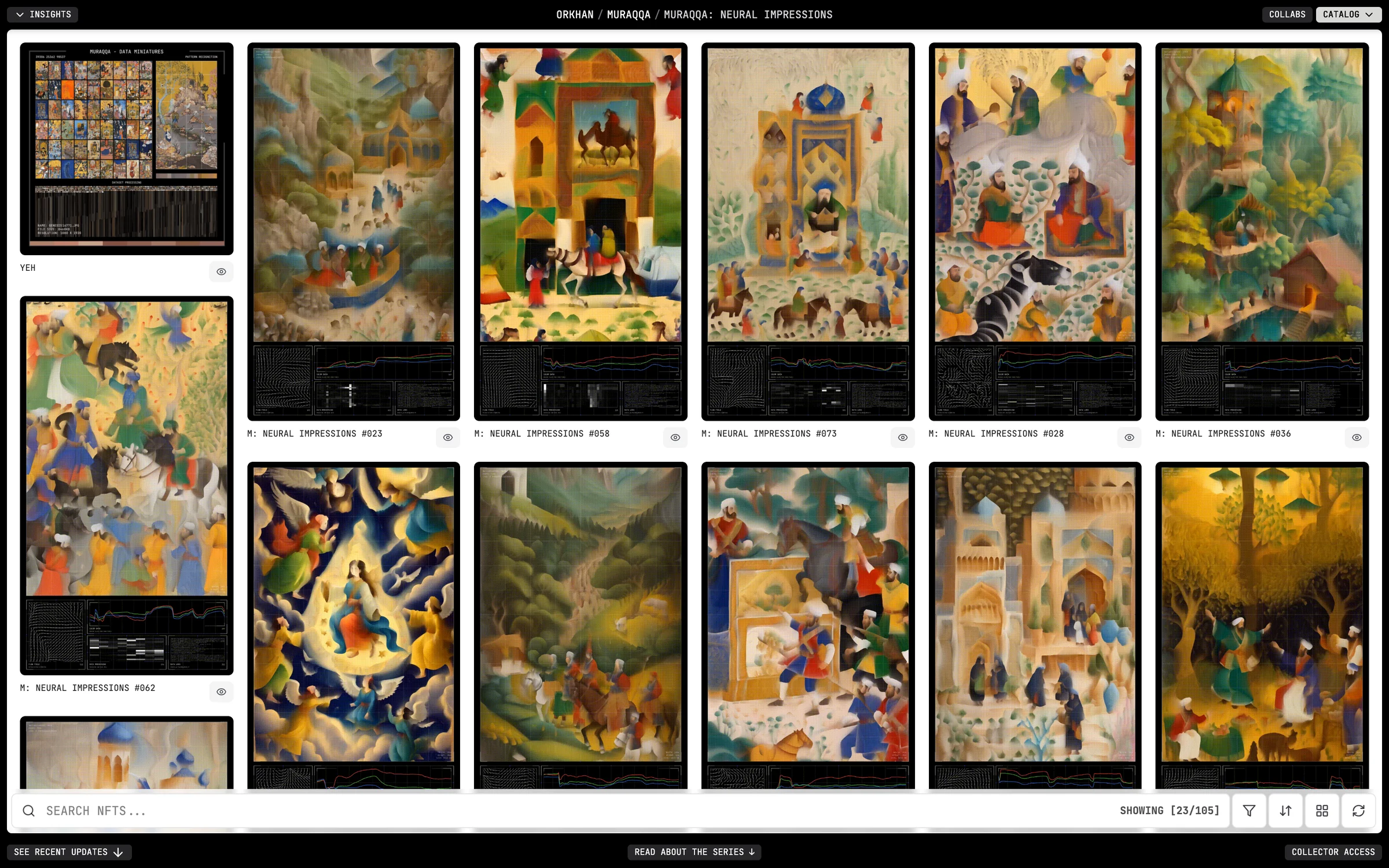 The Muraqqa Neural Impressions series page: a grid of works from the series, each carrying its own data panel under the image