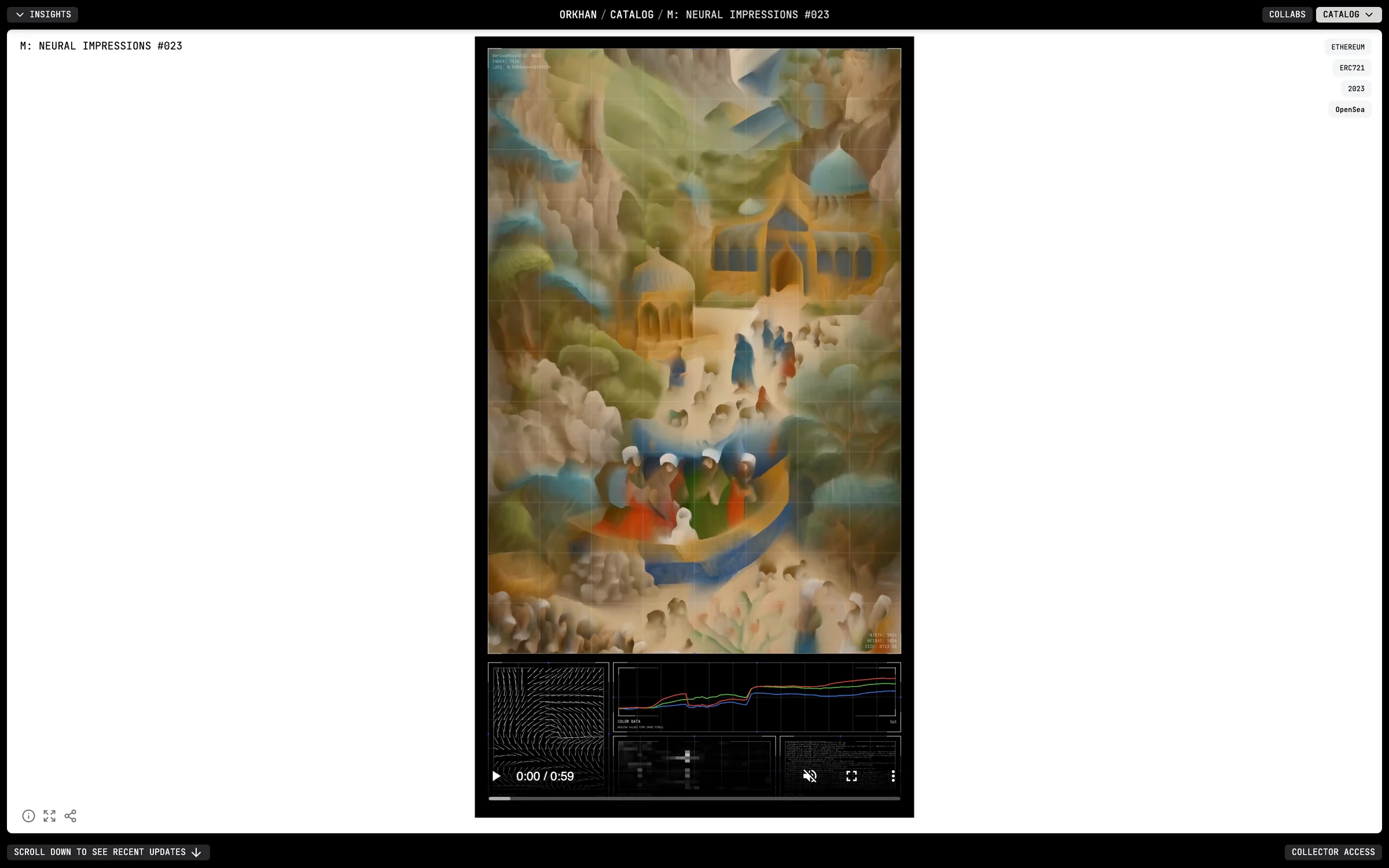 A single artwork page: the piece at full height, with chain, token standard, year and marketplace listed next to it rather than behind a link