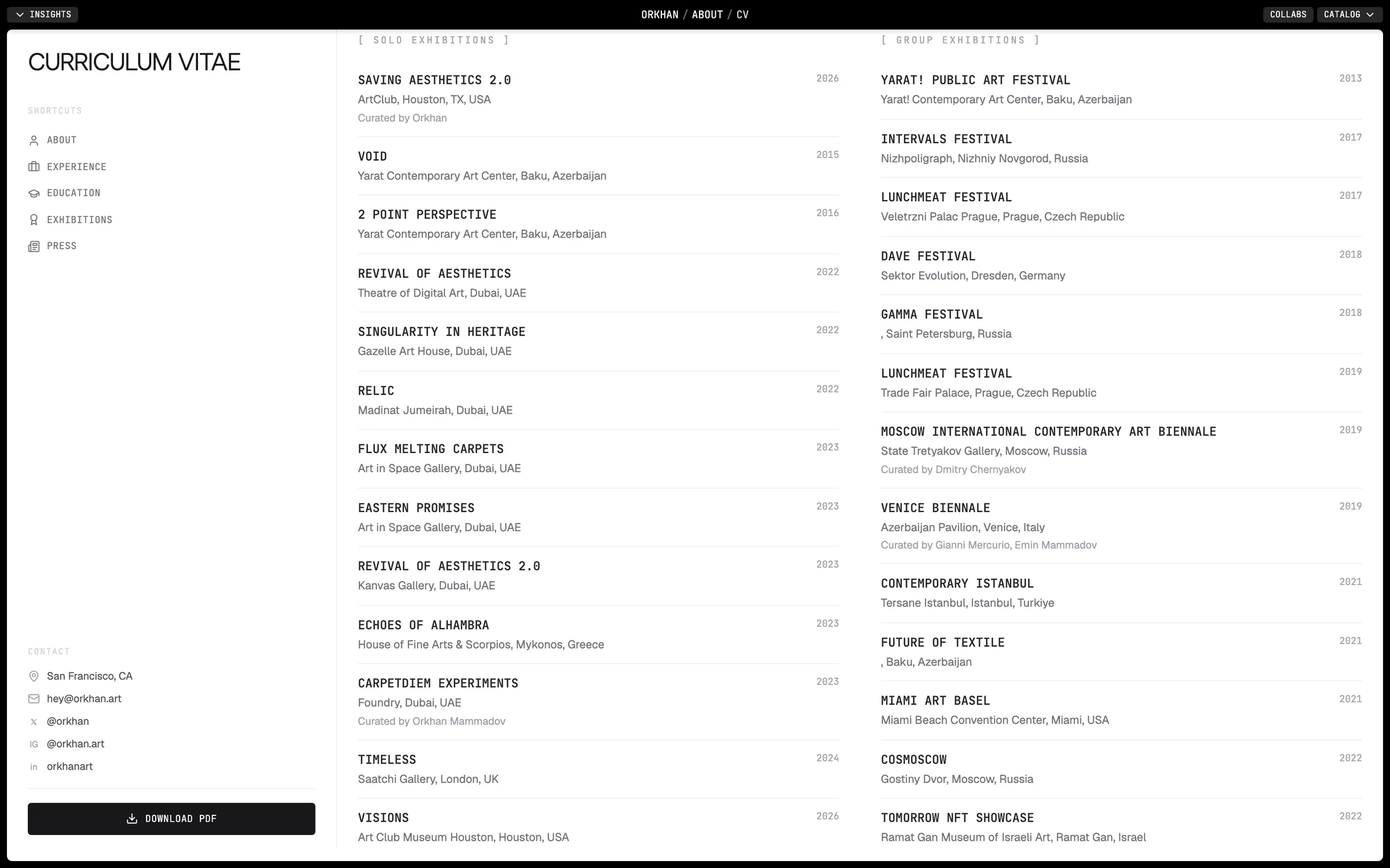 The CV page: solo exhibitions on the left and group exhibitions on the right, each with venue, city, year and curator