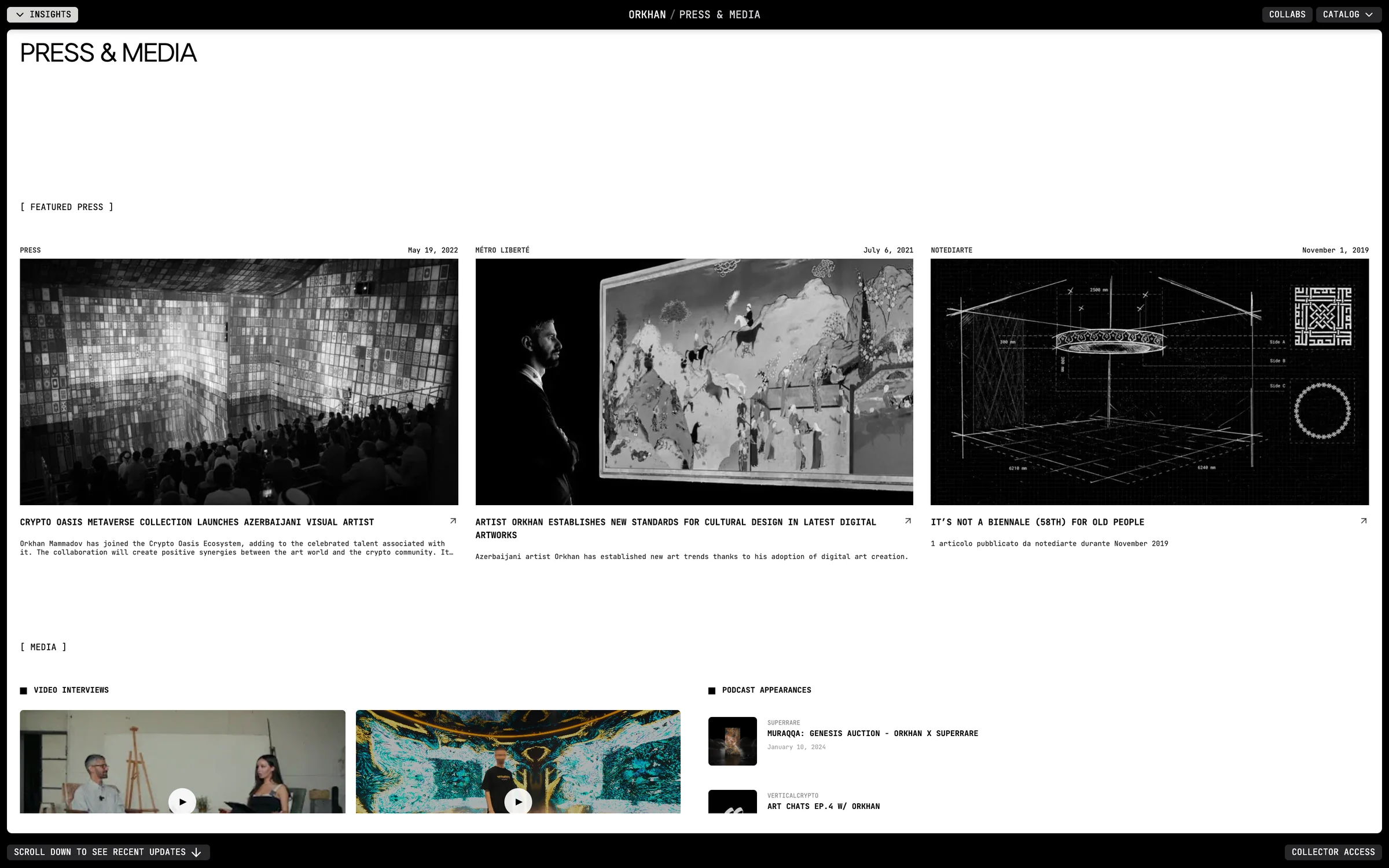 The press and media index: coverage laid out as images and entries, drawn from the same CMS as the works