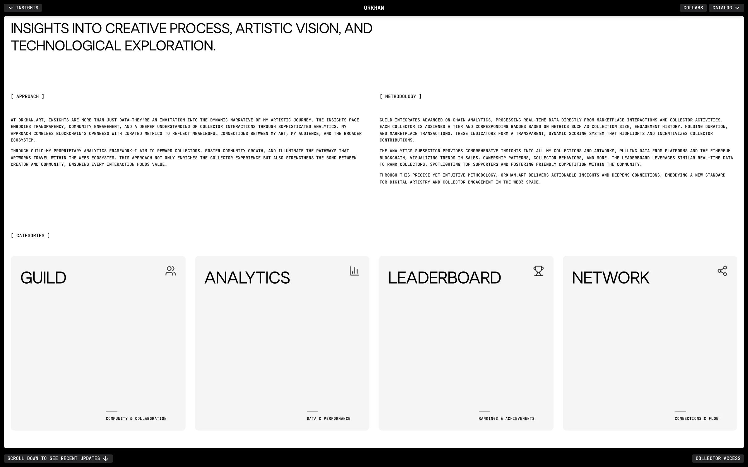 The insights landing: approach and methodology text above four categories, guild, analytics, leaderboard and network