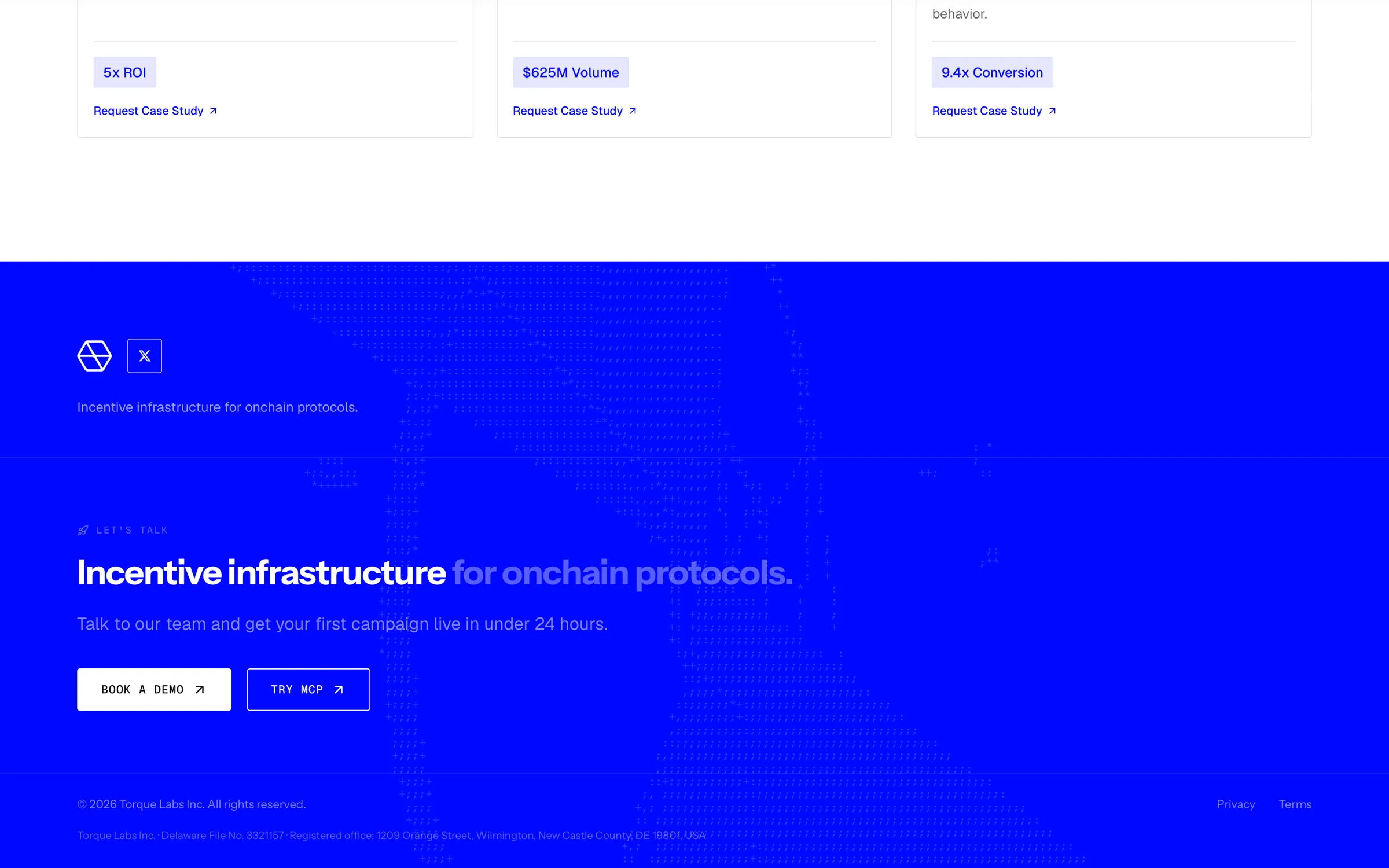 The footer reveal: Incentive infrastructure for onchain protocols on a full blue field with the ASCII mark