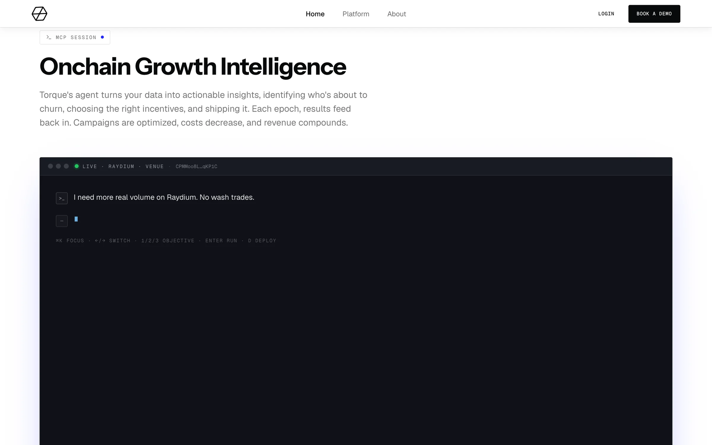 Onchain Growth Intelligence: a terminal session inside the page where the Torque agent turns a request into a campaign