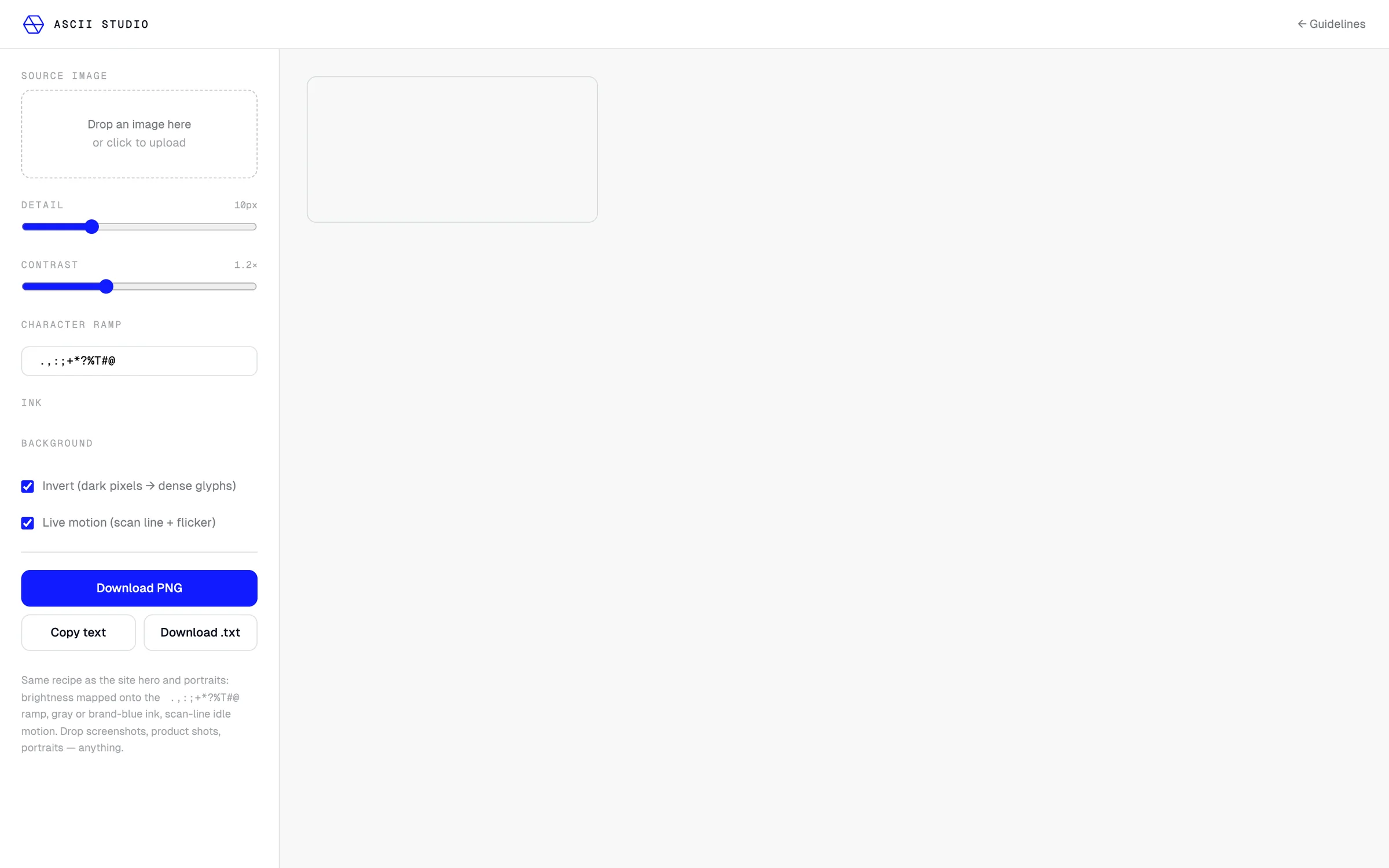 The ASCII studio: drop an image and render it as a character field with density and charset controls