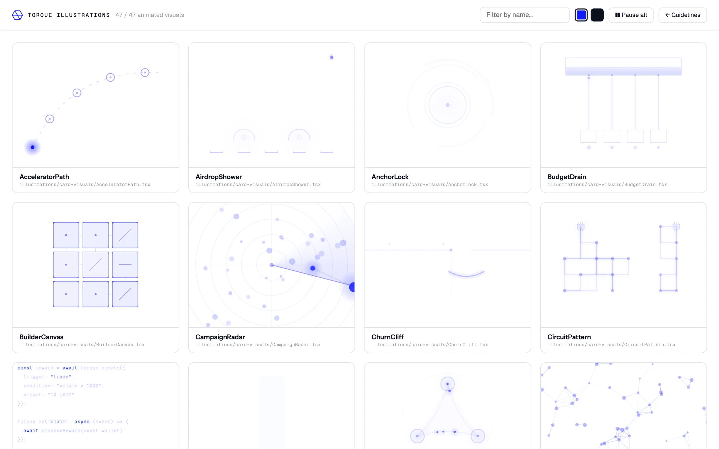 The illustration kit: a grid of animated line-work visuals such as AcceleratorPath, AirdropShower, BuilderCanvas and CampaignRadar