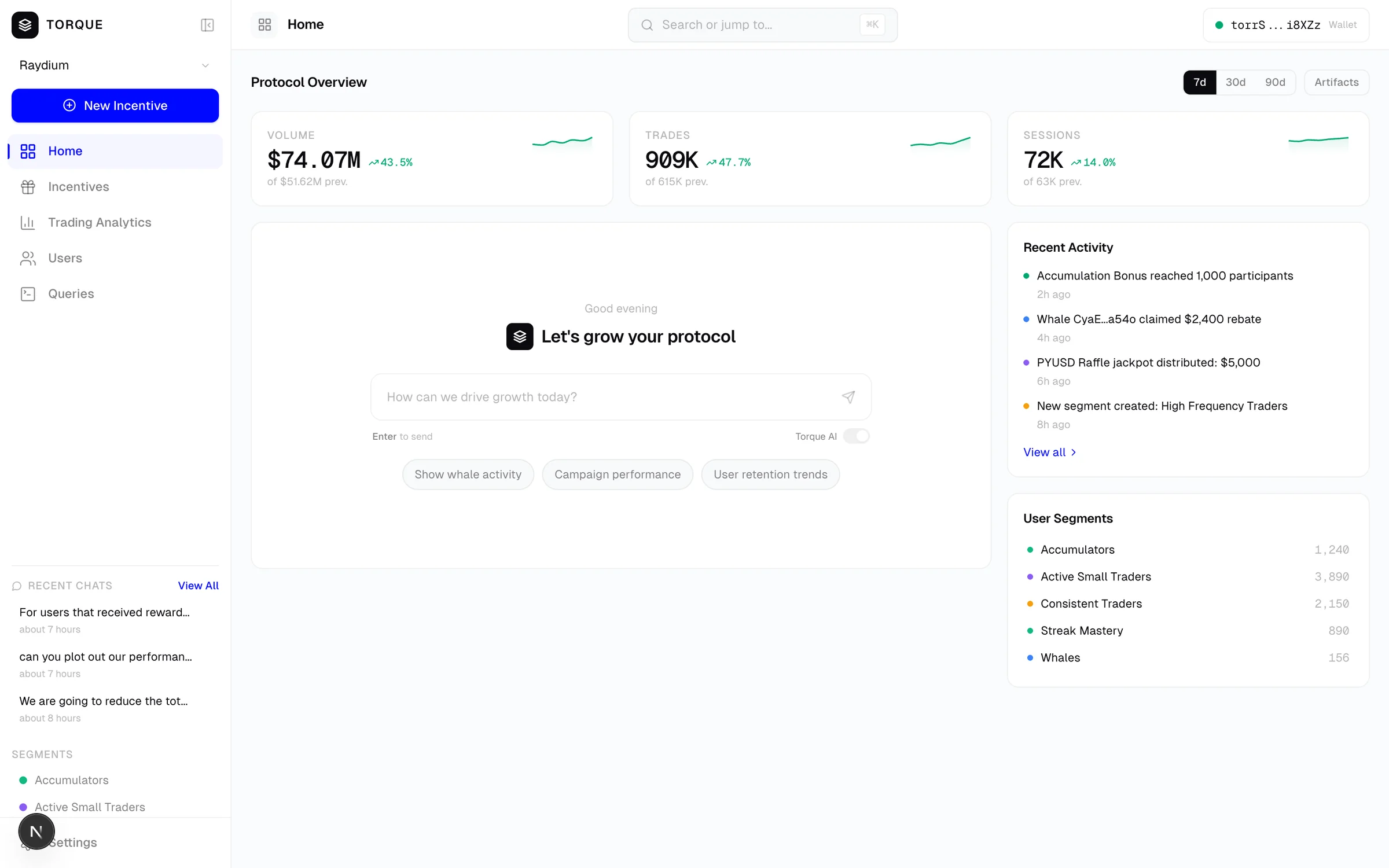 Platform mockup, Home: protocol overview stats, an AI prompt reading Let us grow your protocol, recent activity and user segments