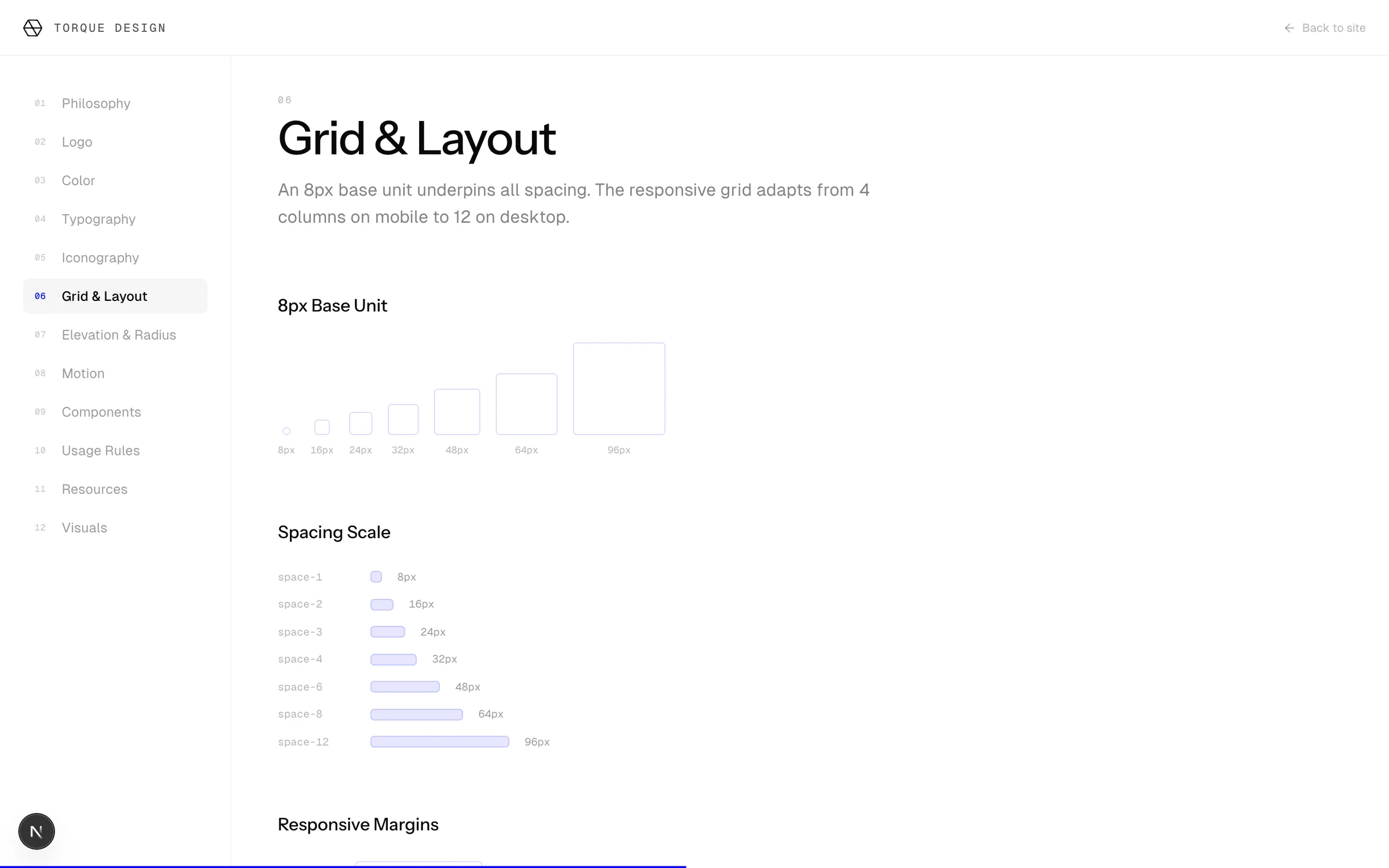 Design system, Grid and Layout: an 8px base unit, a spacing scale and responsive margins