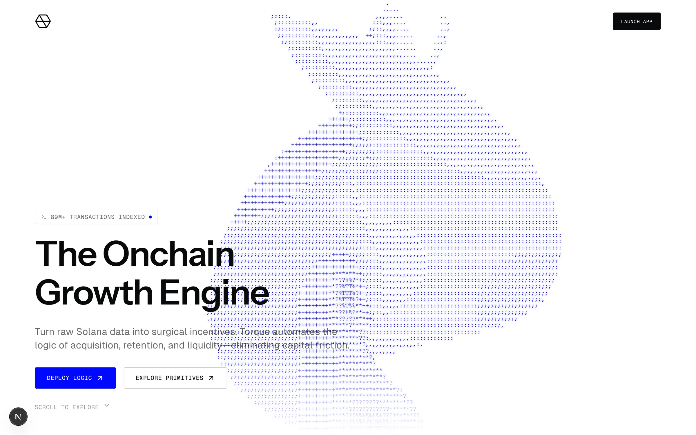 The hero as designed in the redesign branch: The Onchain Growth Engine, with the ASCII helicoid and the 89M+ transactions indexed badge