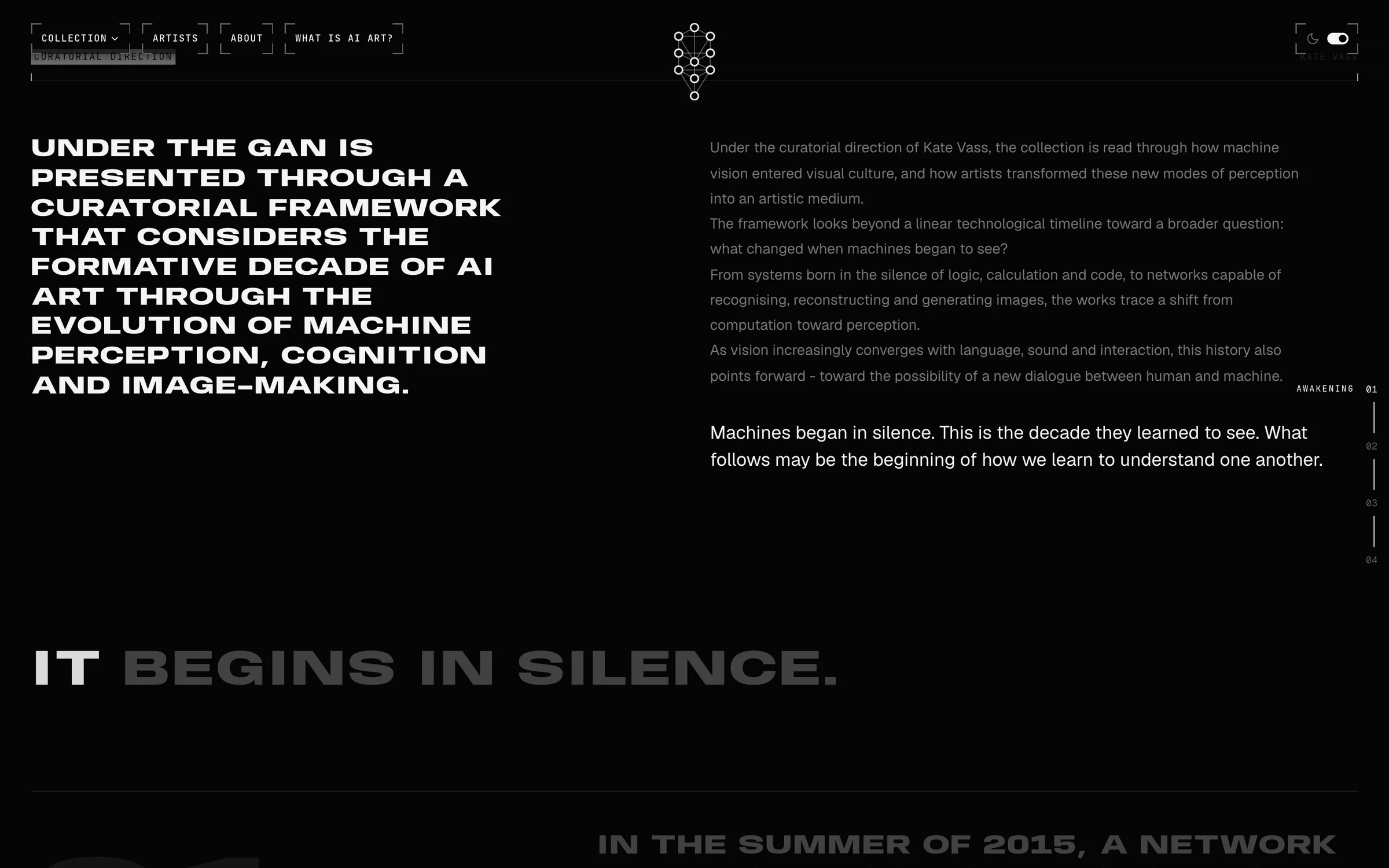 The About page chapters: It begins in silence, the curatorial framework in four chapters